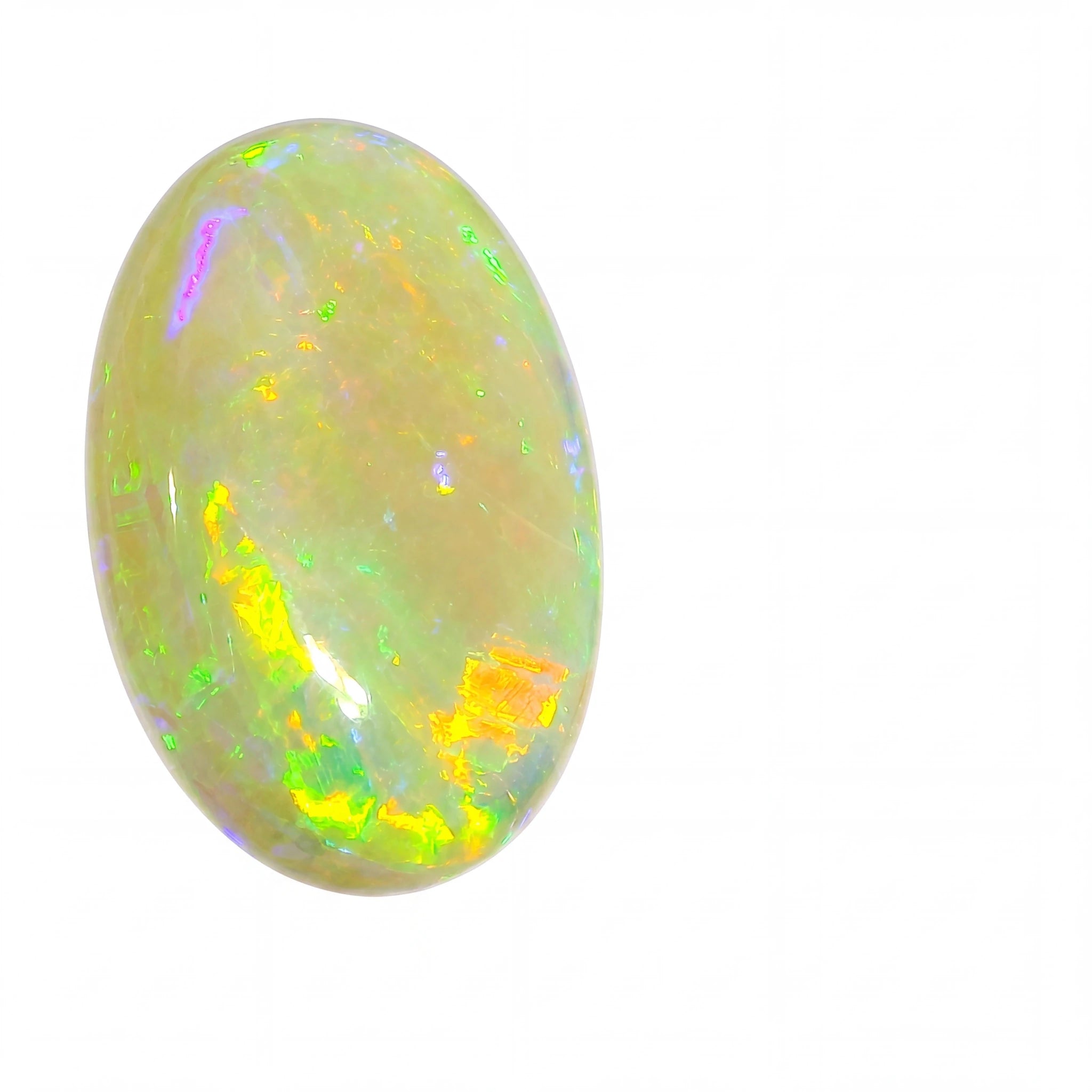 Opal stone with multicoloured play of light on a white background