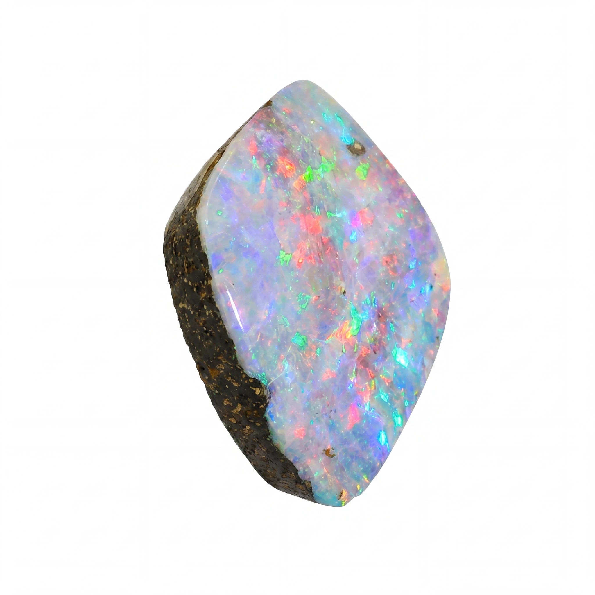 Opal stone with multicoloured play of light on a white background