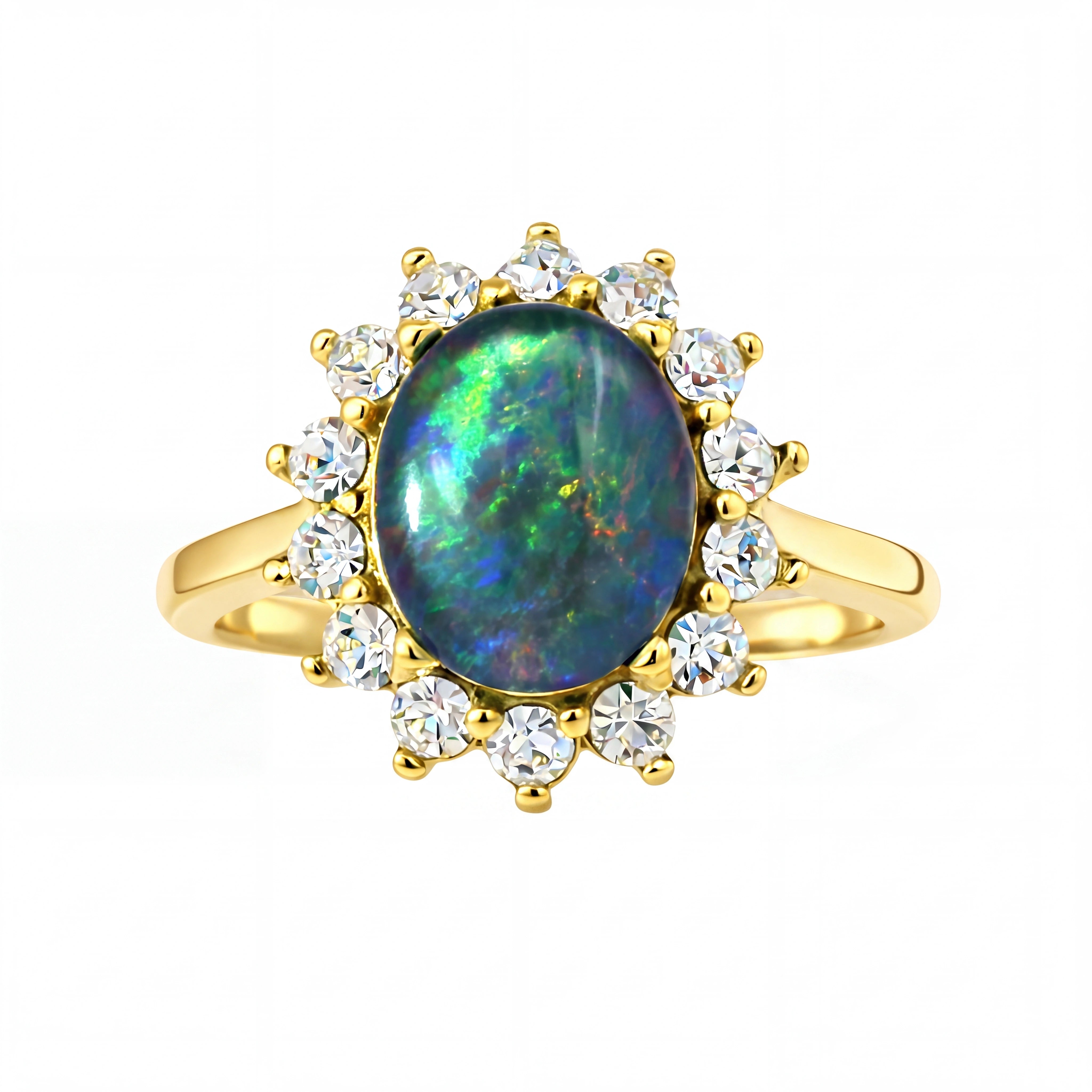 Gold ring with an opal stone and diamonds on a white background