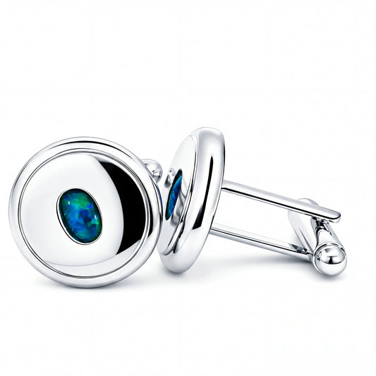 Triplet Opal Cufflinks set in Stainless Steel - Blue and Green - Australian Opal Cutters and Pearl Divers