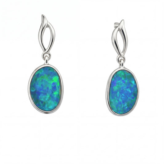 Silver Dangle Earrings with Oval Cabochon Bluish-Green Opal - Australian Opal Cutters and Pearl Divers