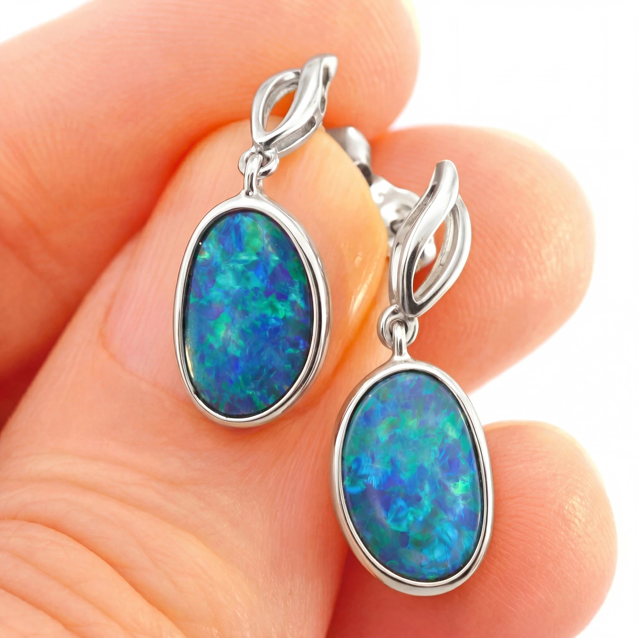 Silver Dangle Earrings with Oval Cabochon Bluish-Green Opal - Australian Opal Cutters and Pearl Divers