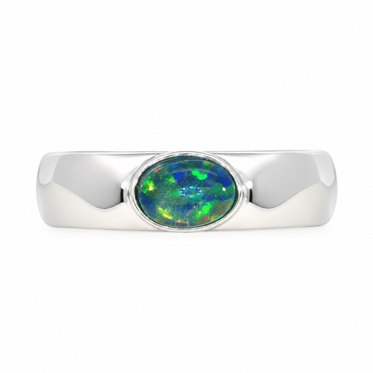 Triplet Opal Mens Ring set in Stainless Steel - Green and Blue - Australian Opal Cutters and Pearl Divers