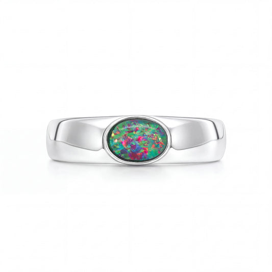 Triplet Opal Mens Ring set in Stainless Steel - Multicolour - Australian Opal Cutters and Pearl Divers