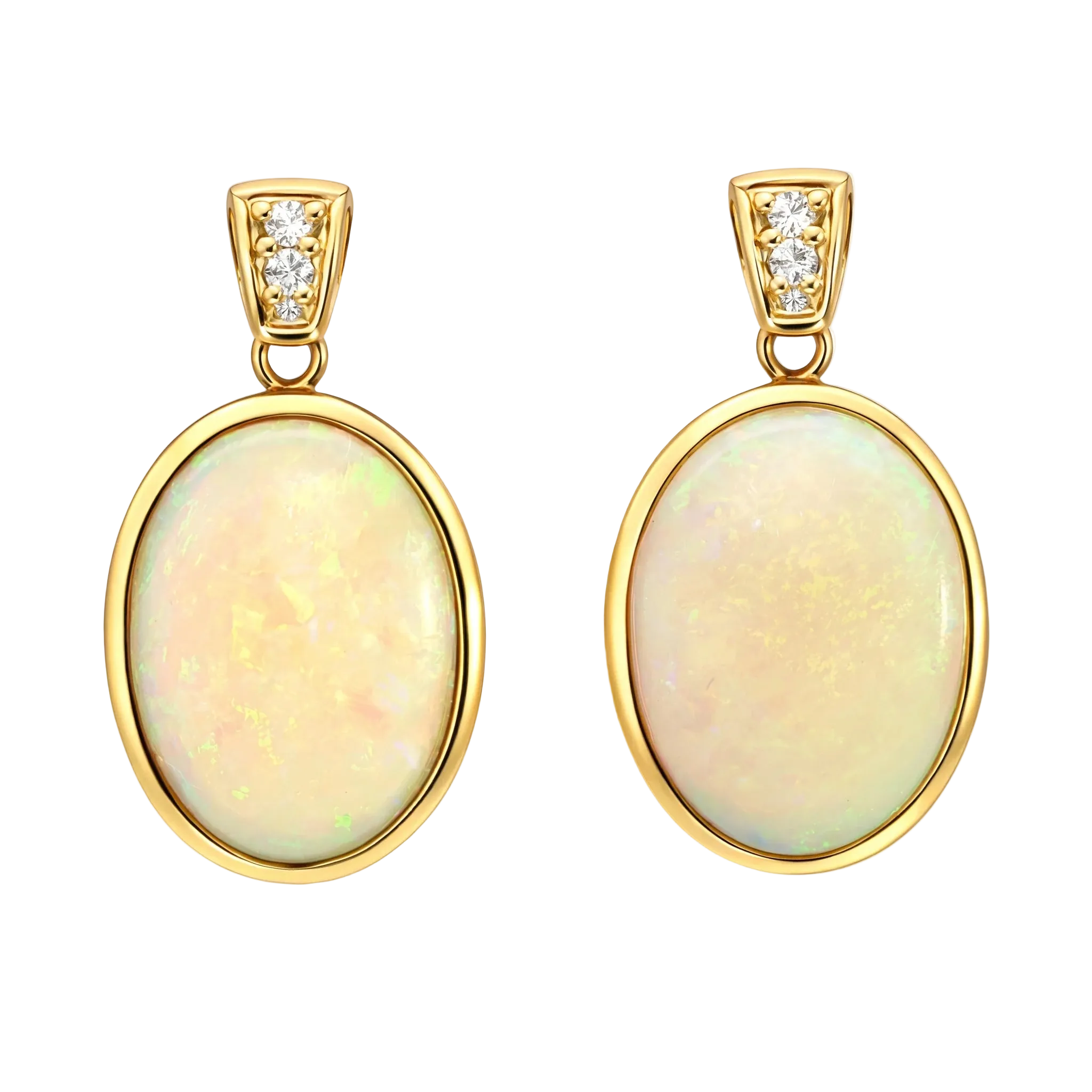 Luxury Australian Light Opal Drop Earrings 14K Yellow Gold with Diamonds High End Opal Jewellery - Australian Opal Cutters and Pearl Divers