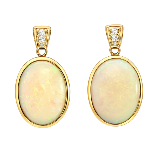 Luxury Australian Light Opal Drop Earrings 14K Yellow Gold with Diamonds High End Opal Jewellery - Australian Opal Cutters and Pearl Divers