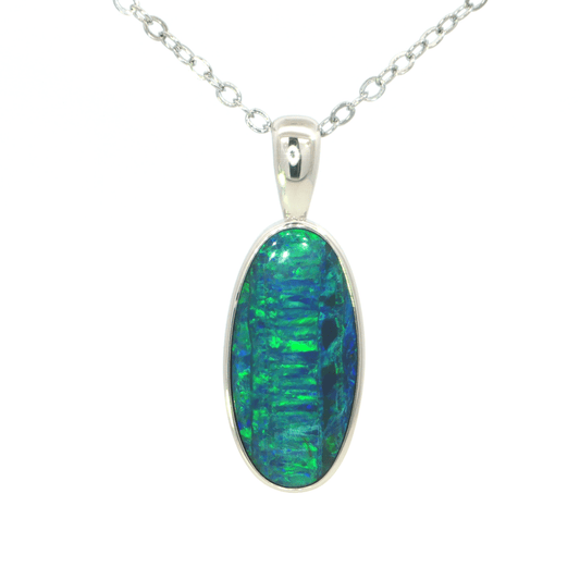 Australian Doublet Opal Pendant set in 925 Sterling Silver - Green-Blue - Australian Opal Cutters and Pearl Divers