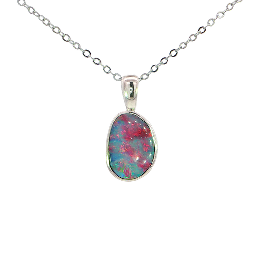 Australian Doublet Opal Pendant set in 925 Sterling Silver - Multicolour - Australian Opal Cutters and Pearl Divers