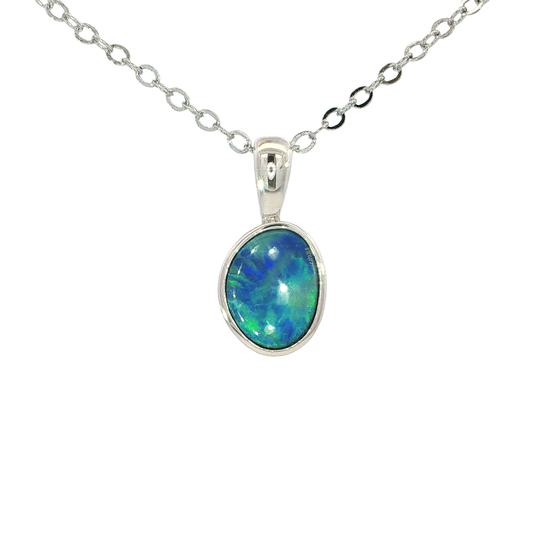 Australian Doublet Opal Pendant set in 925 Sterling Silver - Blue-Green - Australian Opal Cutters and Pearl Divers