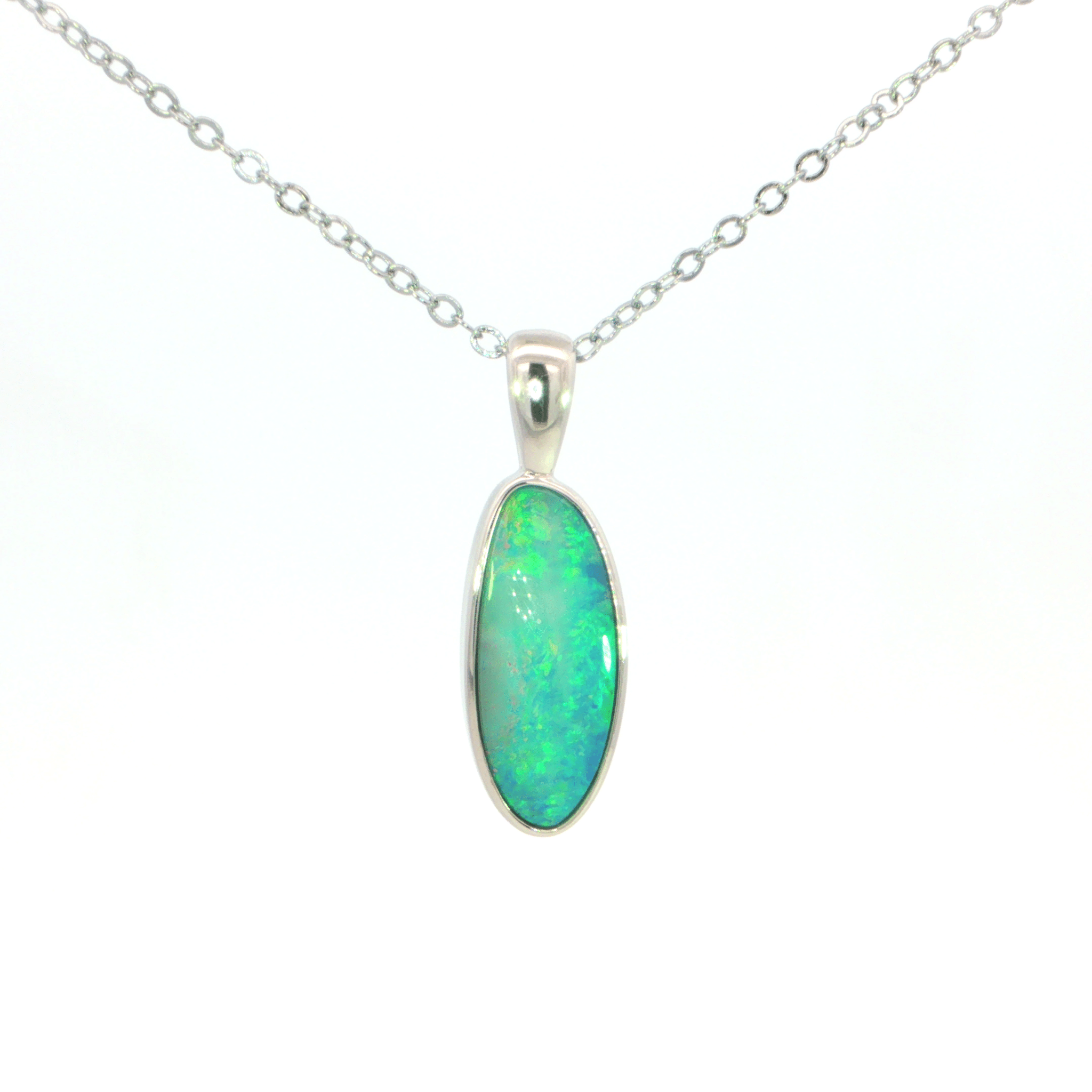 Australian Doublet Opal Pendant set in 925 Sterling Silver - Green-Blue - Australian Opal Cutters and Pearl Divers