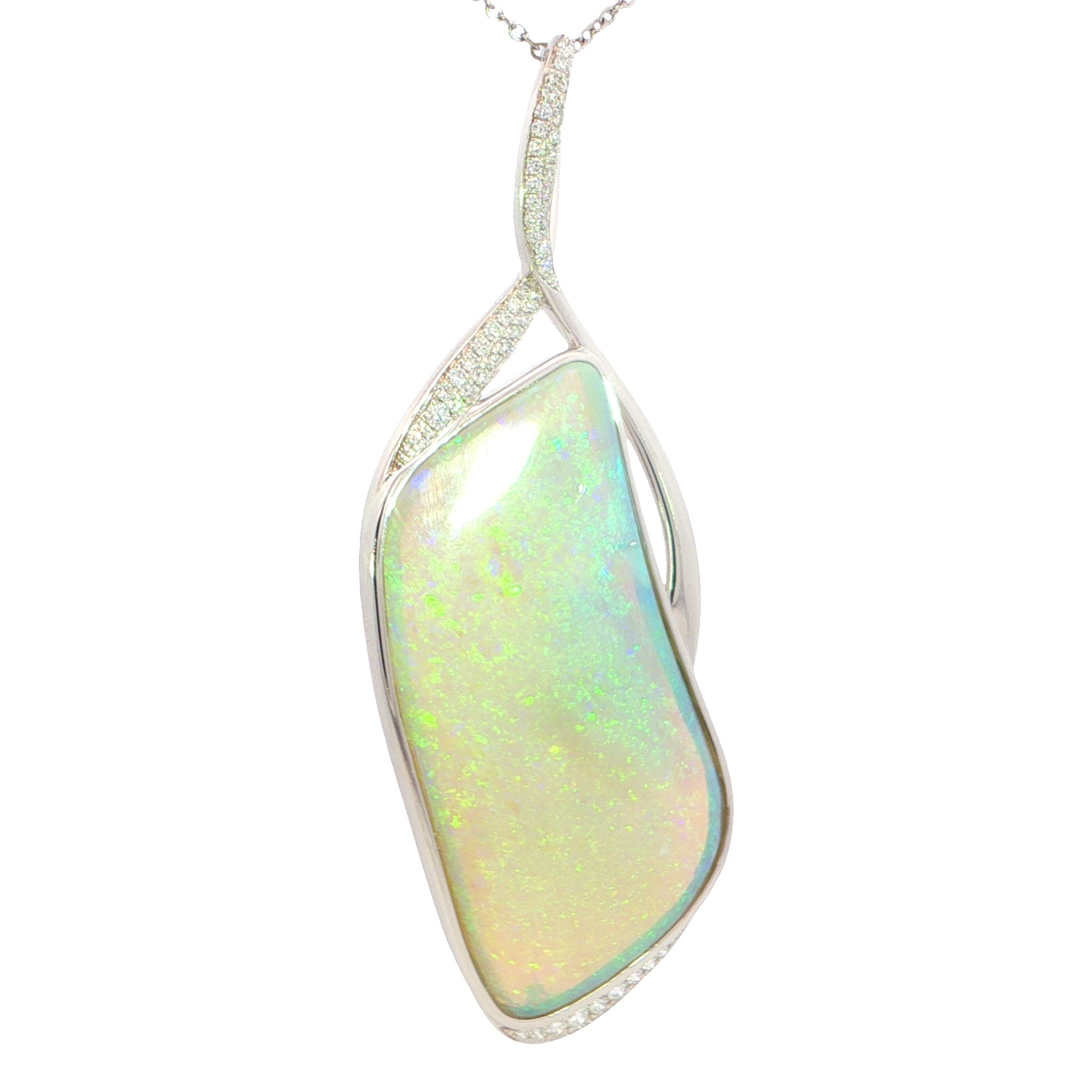 Australian Light Opal Pendant in 925 Sterling Silver with Diamonds - Green-Blue - Australian Opal Cutters and Pearl Divers