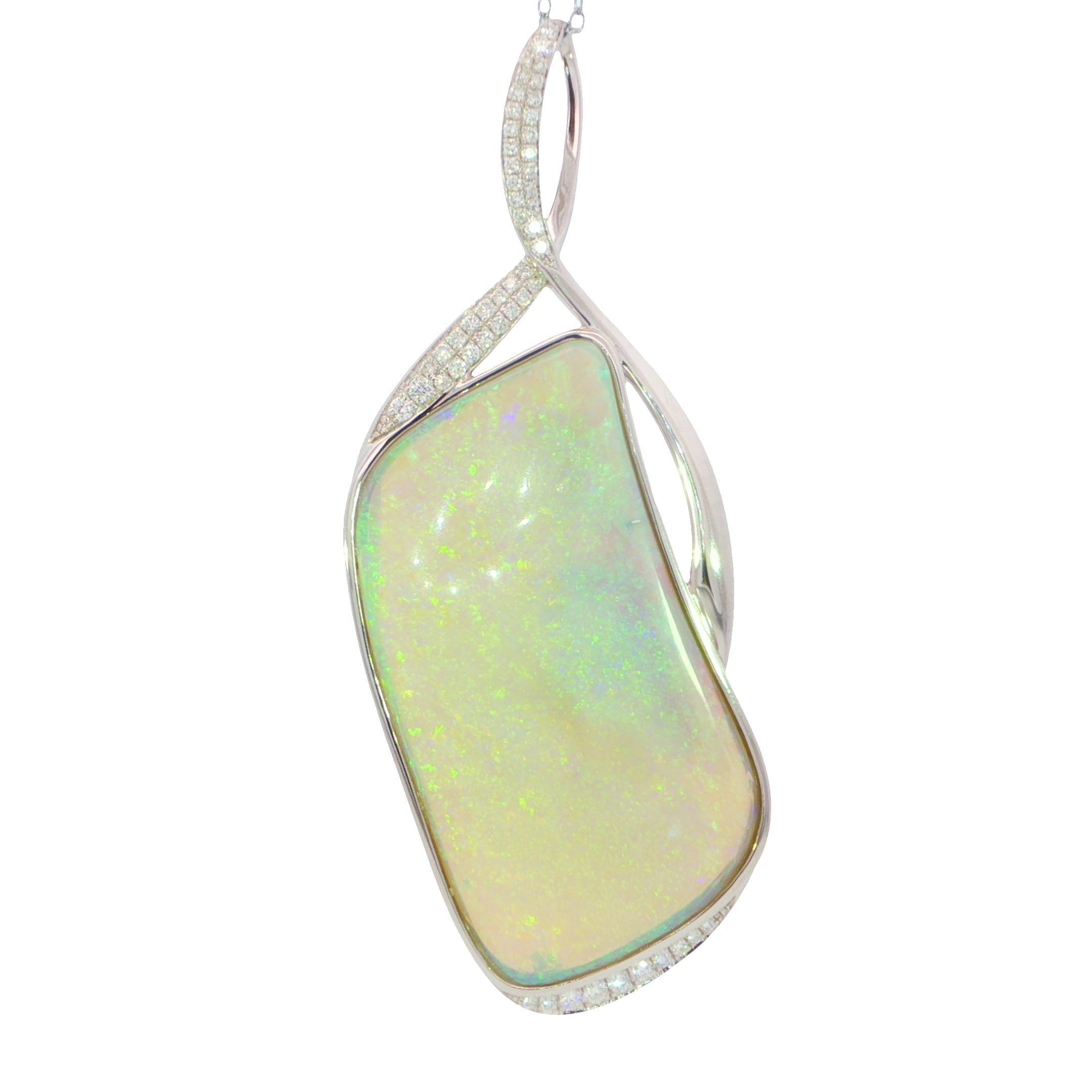 Opal pendant with silver setting on a white background
