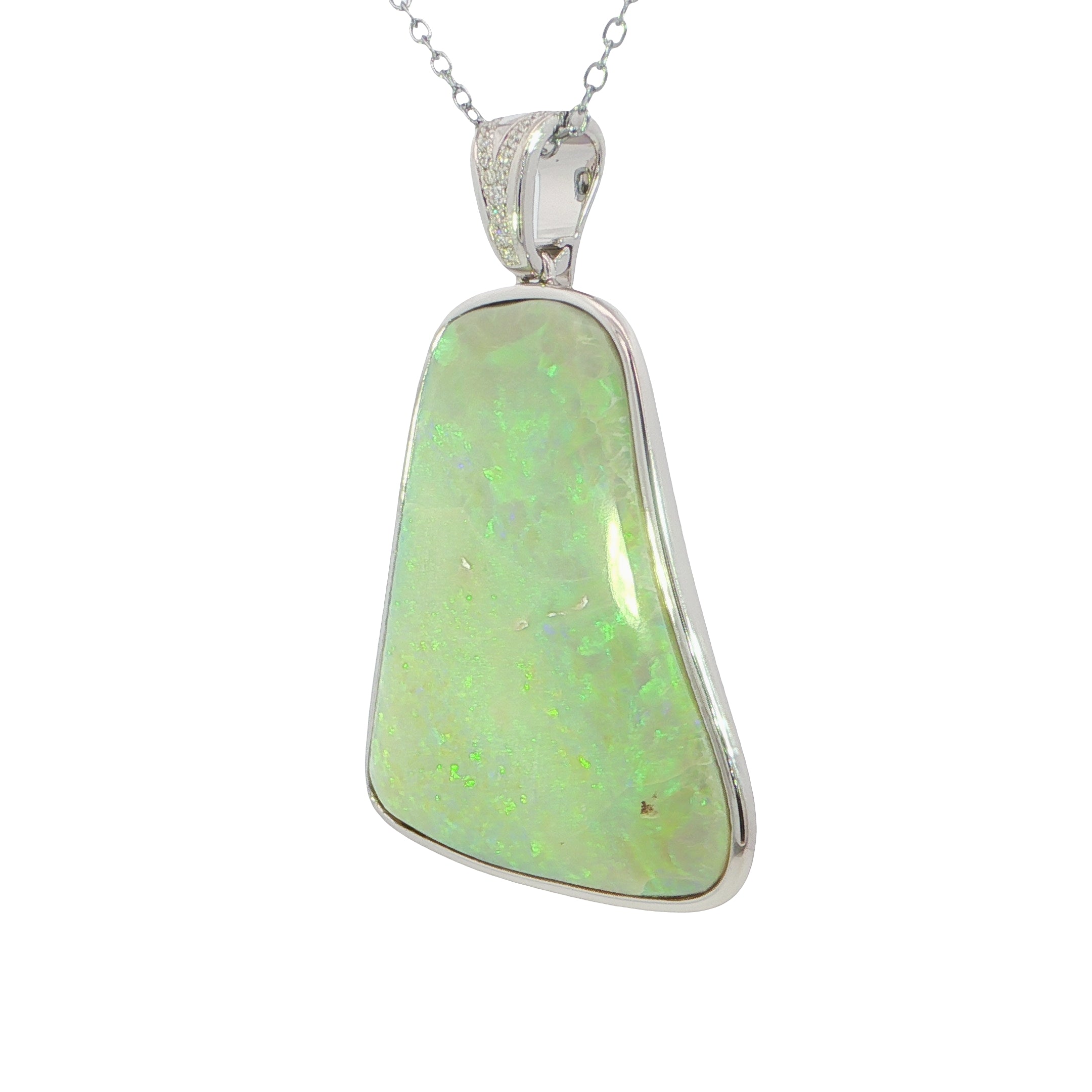 Opal pendant necklace on a white background