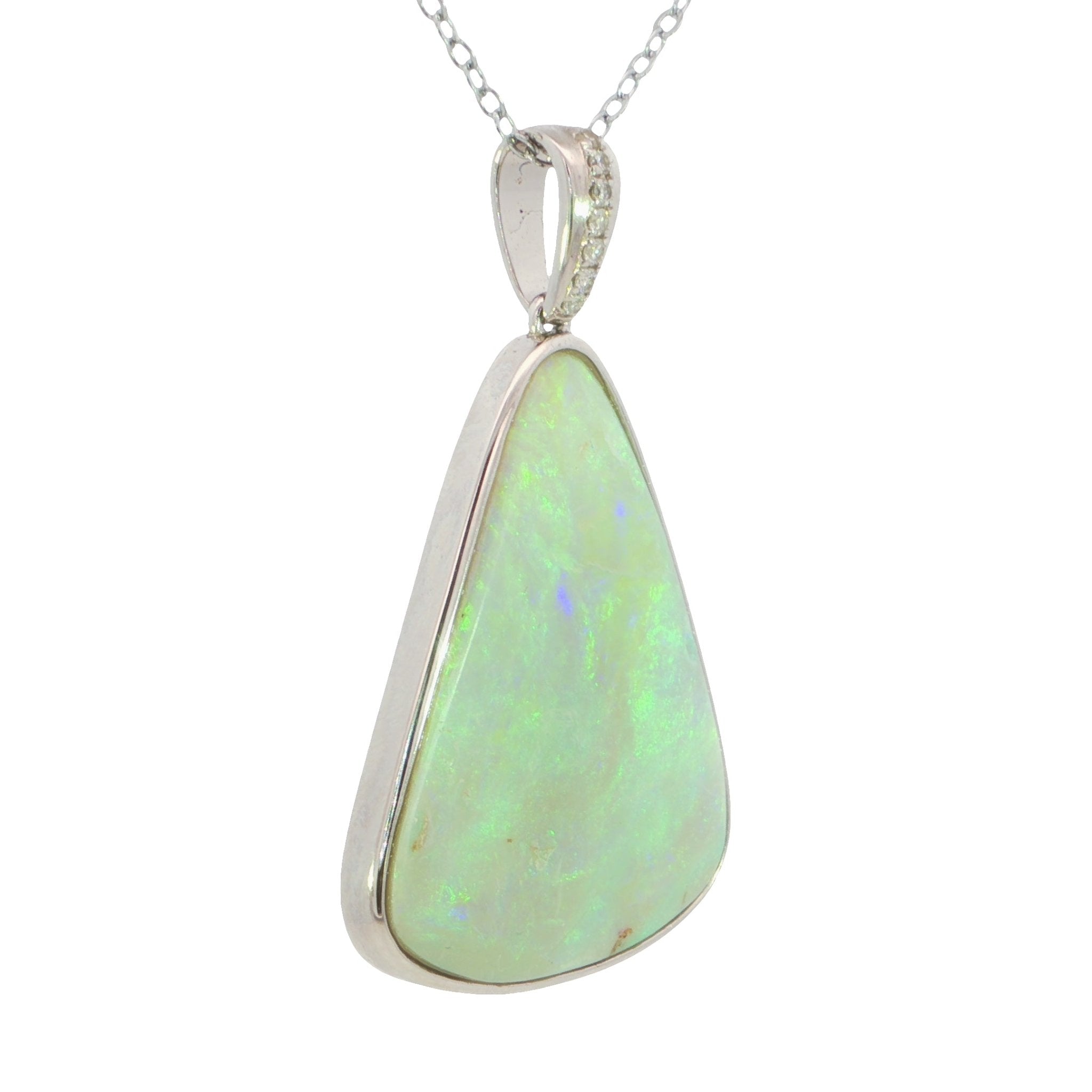 Australian Light Opal Pendant in 925 Sterling Silver with Diamonds - Green and Blue - Australian Opal Cutters and Pearl Divers
