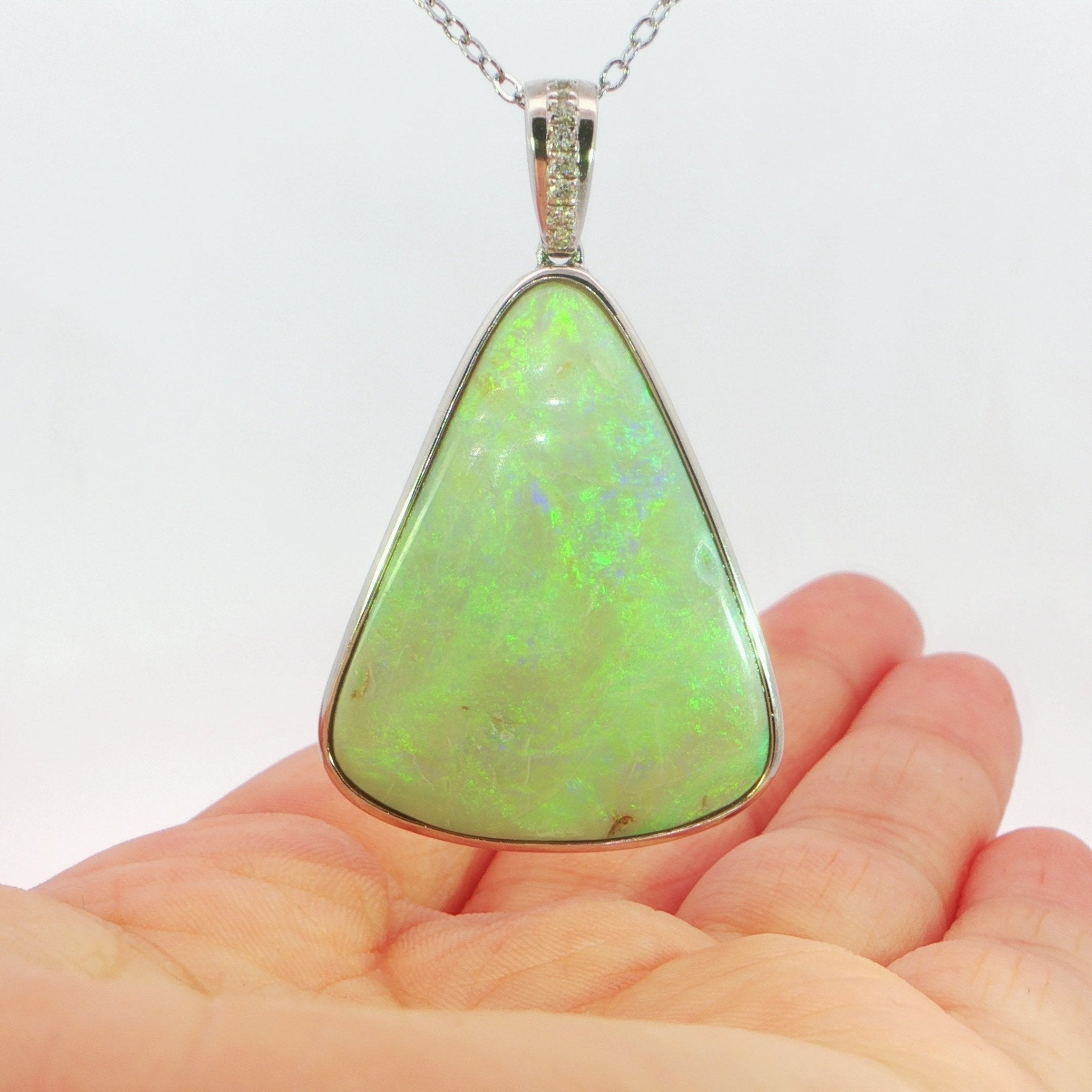 Australian Light Opal Pendant in 925 Sterling Silver with Diamonds - Green and Blue - Australian Opal Cutters and Pearl Divers