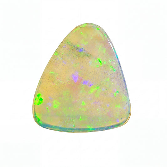 A triangular opal gemstone with a vibrant play-of-colour pattern featuring bright neon green flashes and deep blue to black matrix, set against a solid black background.