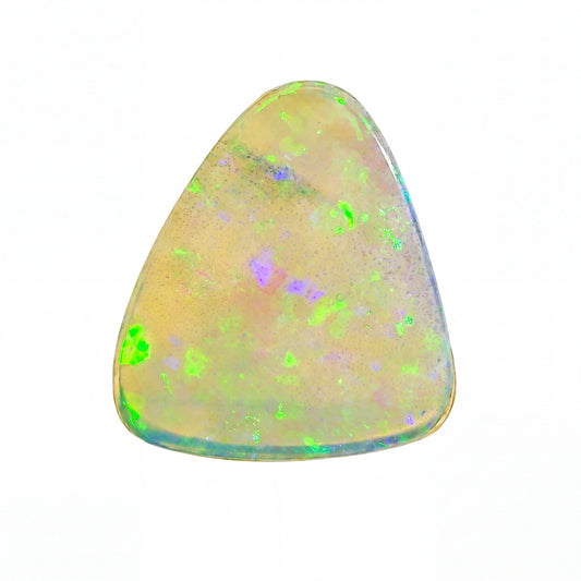 A triangular cabochon opal gemstone with a creamy off-white base and vibrant, shifting iridescent flashes of green, blue, and purple, set against a plain white background.