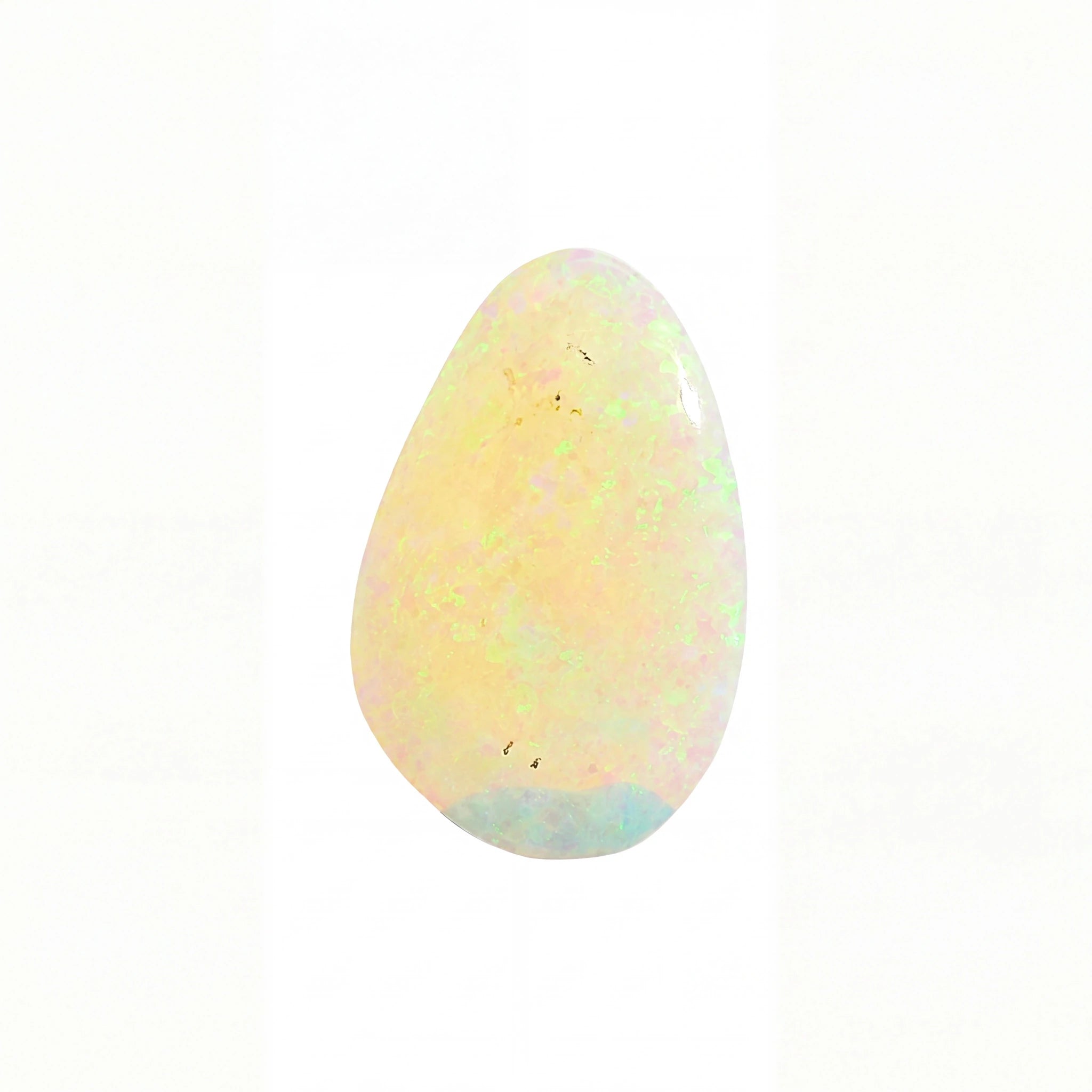 A teardrop-shaped polished white opal gemstone showing soft iridescent flashes of yellow, green, and blue, set against a plain white background.