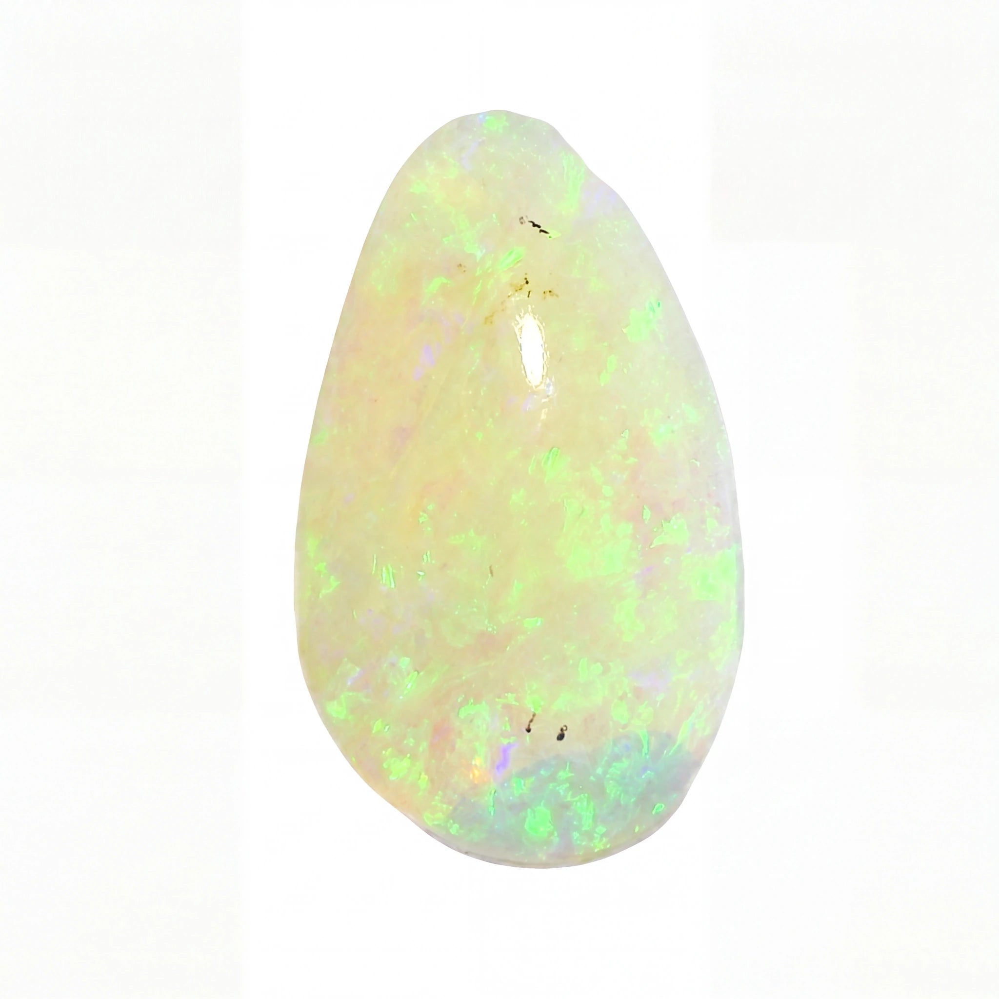 A teardrop-shaped white opal gemstone with vibrant green and blue flashes, displayed on a clean white background.