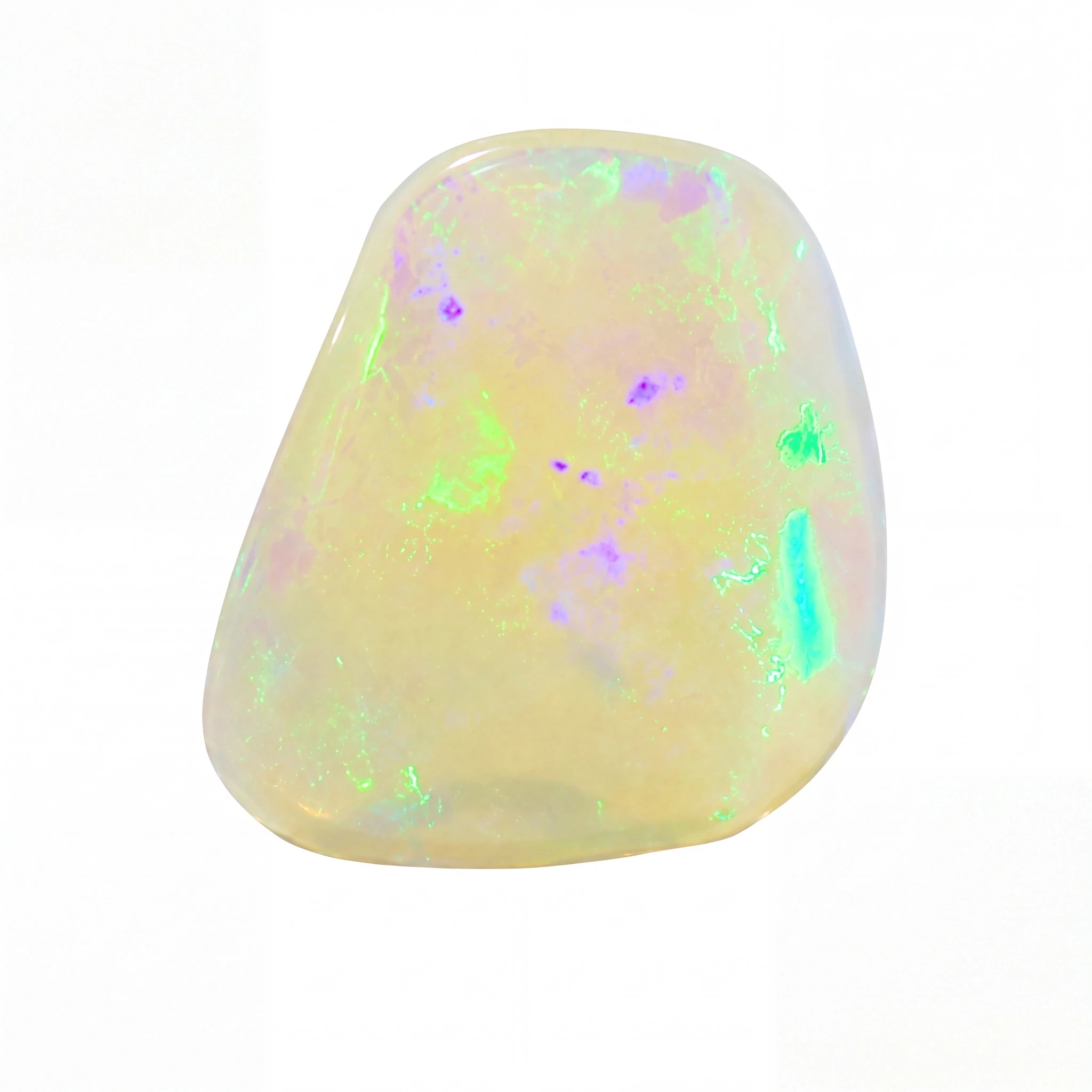 A polished tumbled opal gemstone with a creamy off-white base and vibrant iridescent flashes of green, blue, and purple, set against a solid white background.