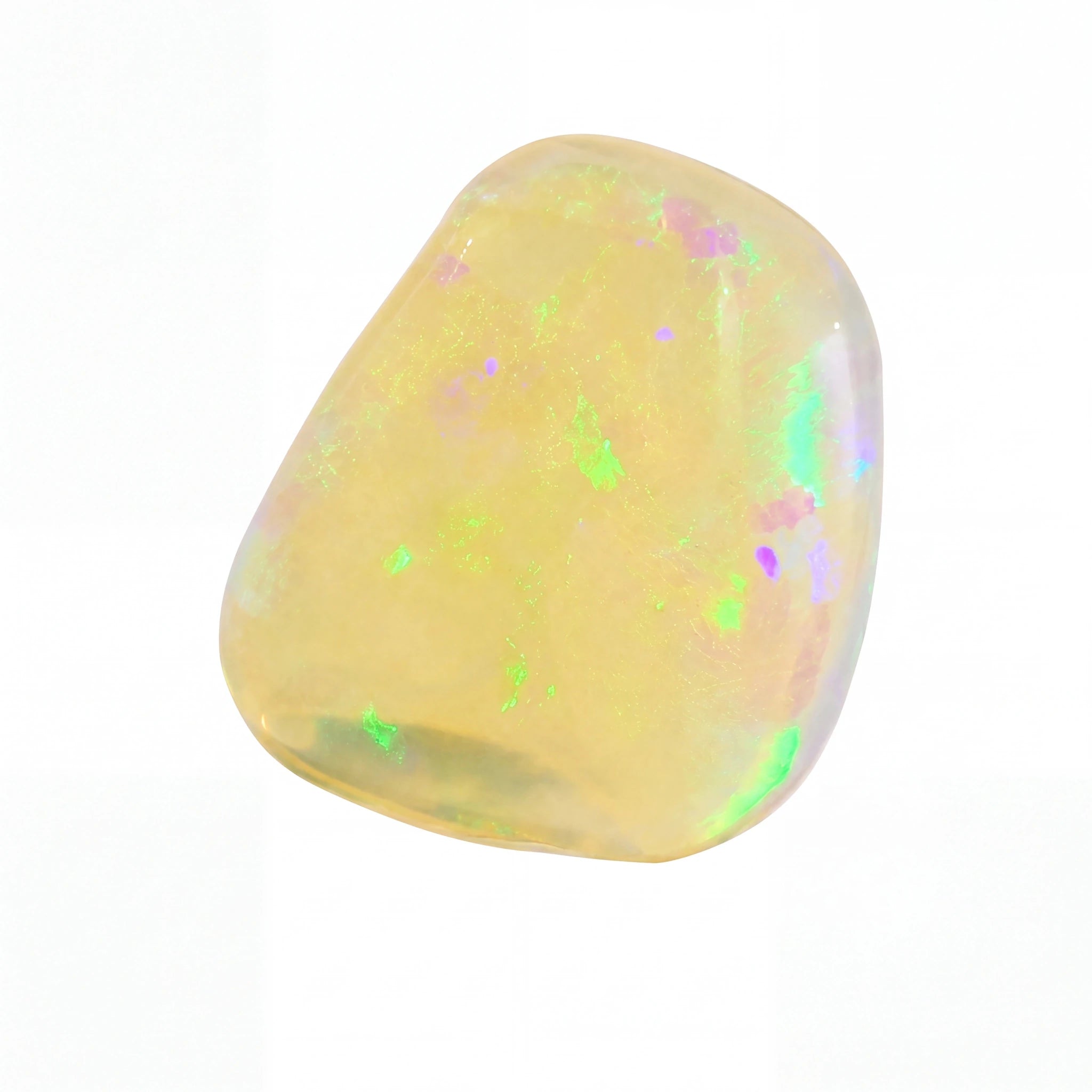 A polished tumbled opal gemstone with a creamy yellow base and vibrant, shifting iridescent flashes of green, pink, and blue, set against a solid white background.