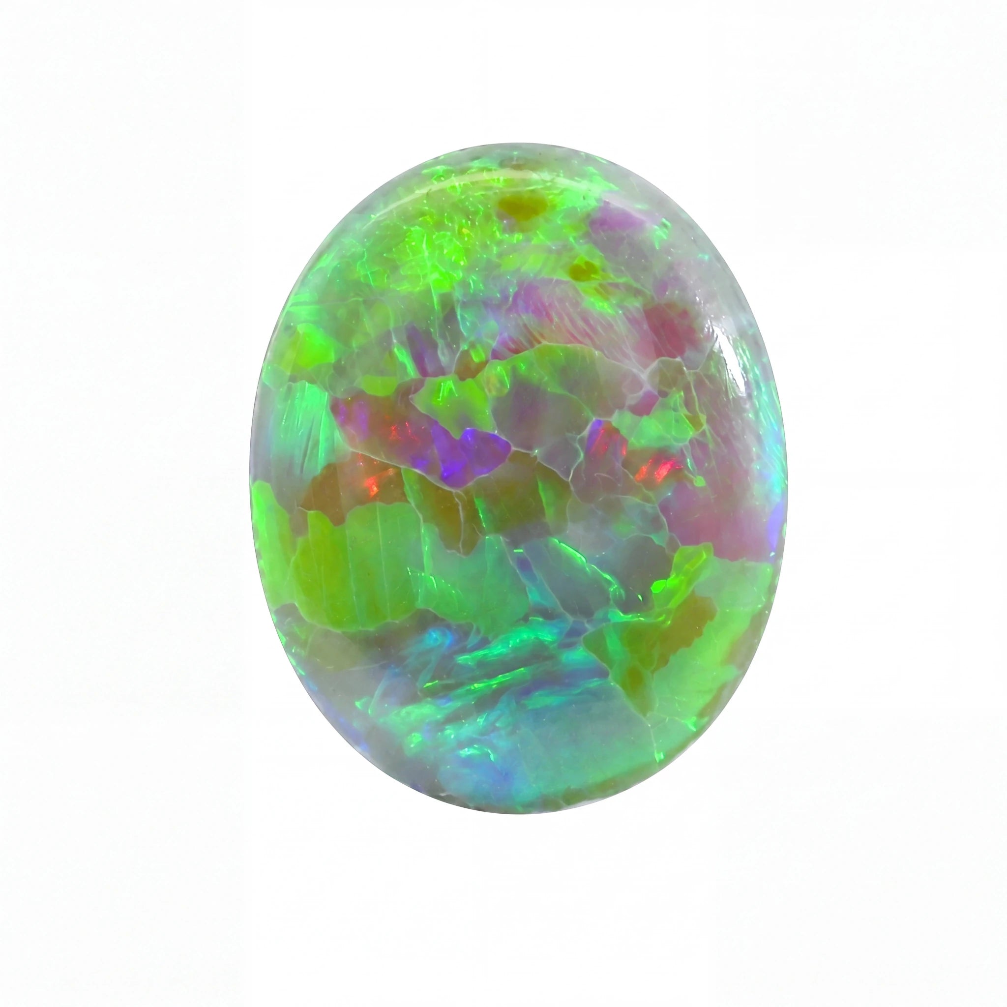 A polished oval cabochon gemstone displaying vibrant iridescent colors including green, blue, purple, and hints of orange, set against a plain white background.