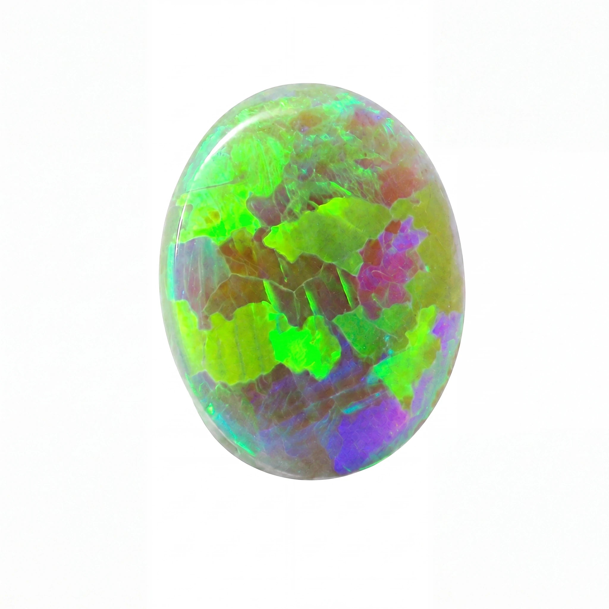 A polished oval cabochon gemstone featuring a vibrant play-of-colour pattern with bright green, purple, blue, and brown patches on a white background.