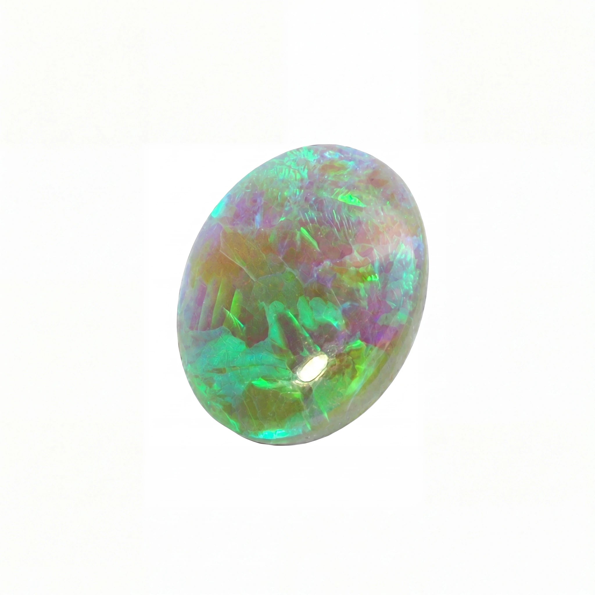 A single oval cabochon opal gemstone displaying vibrant iridescent flashes of green, blue, purple, and orange on a plain white background.