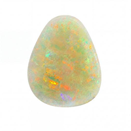 Opal stone with multicoloured iridescent patterns on a white background
