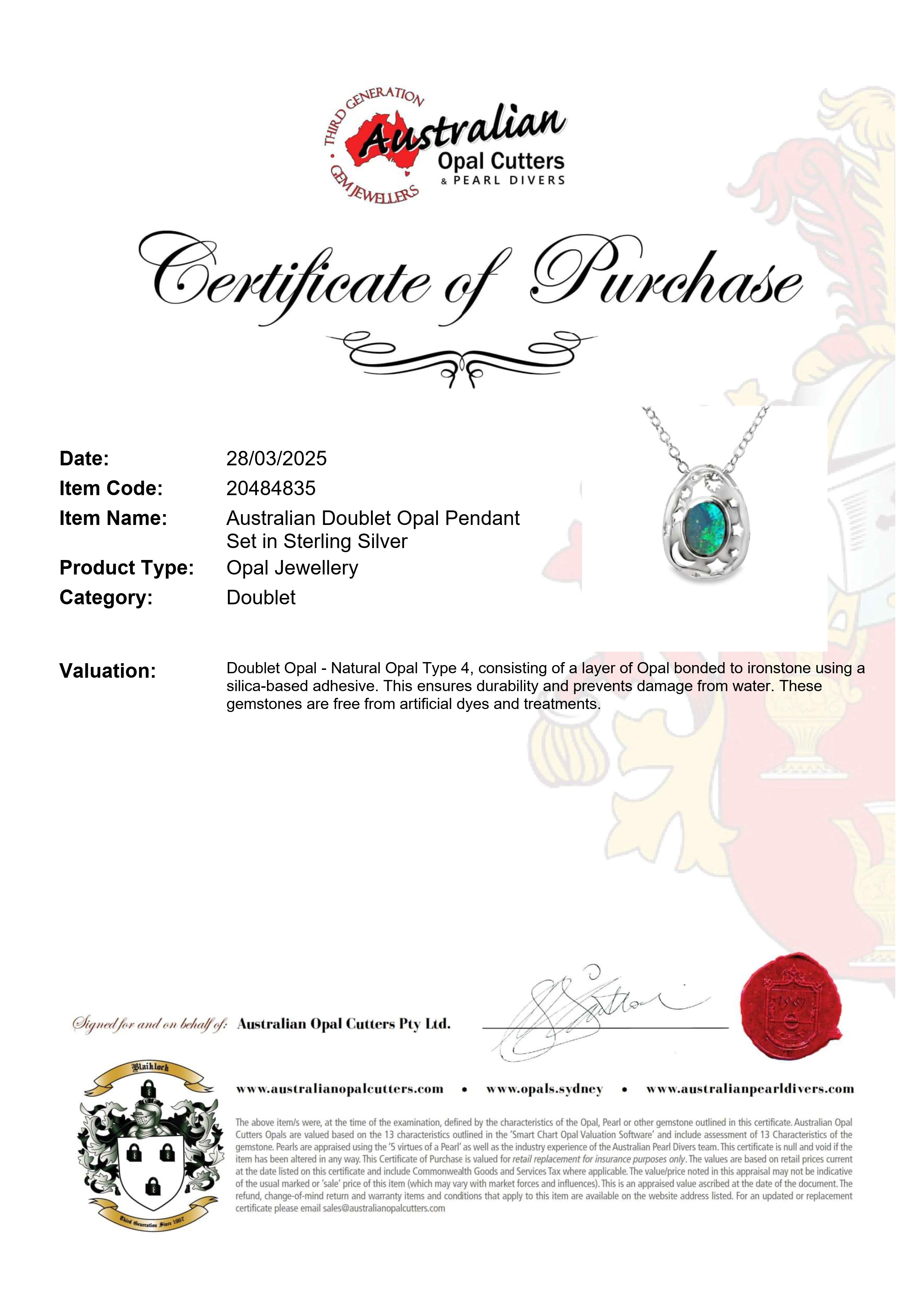 Doublet Opal Pendant in 925 Sterling Silver - Green-Blue