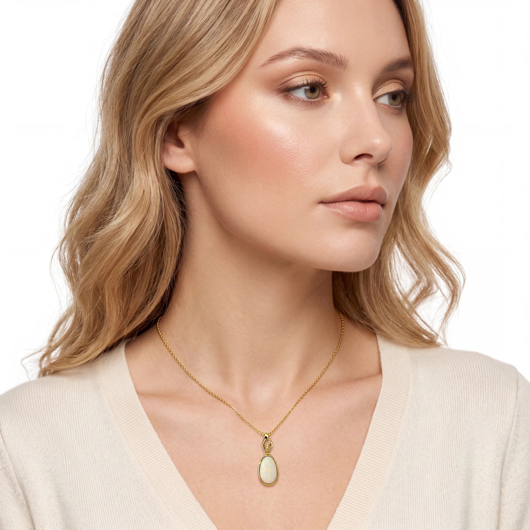 Woman wearing a gold necklace with a pendant on a white background