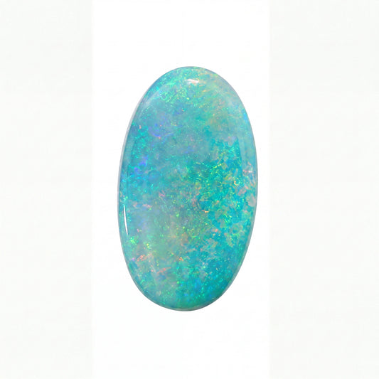 A polished oval cabochon gemstone showing vibrant blue, green, and white opal play, set against a plain white background.