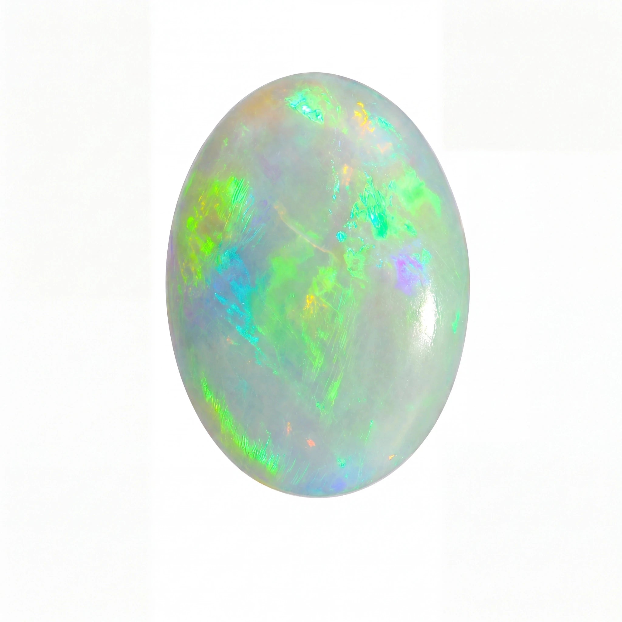 A polished oval cabochon gemstone showing a play-of-colour iridescent pattern with green, blue, purple, and orange hues on a white base, isolated on a white background.