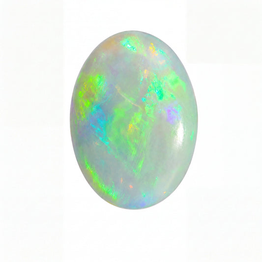 A polished oval cabochon gemstone showing a play-of-colour iridescent pattern with green, blue, purple, and orange hues on a white base, isolated on a white background.