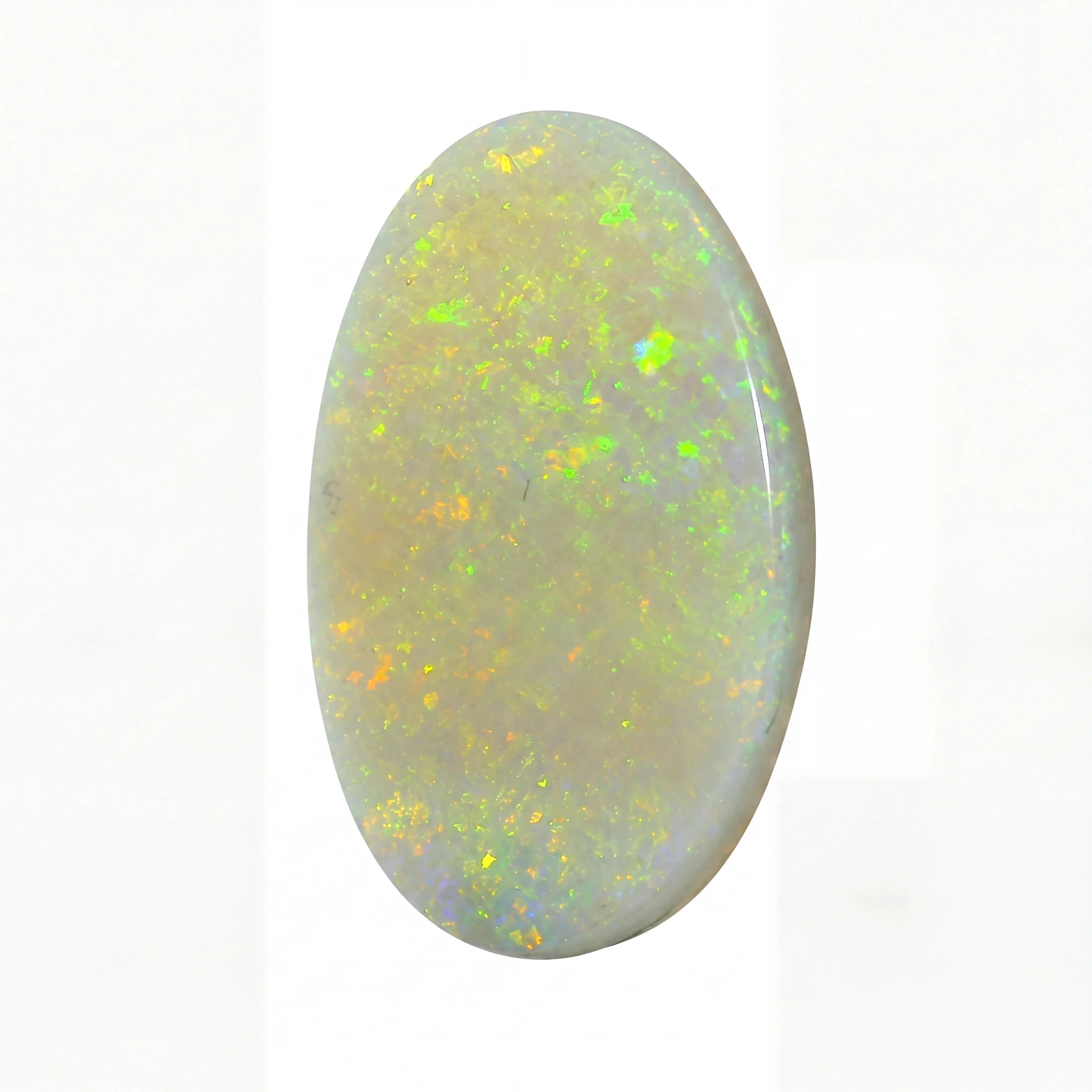 A polished oval cabochon opal gemstone displaying a play-of-colour with vibrant flashes of green, orange, and blue over a milky white and pale grey base, set against a plain white background.