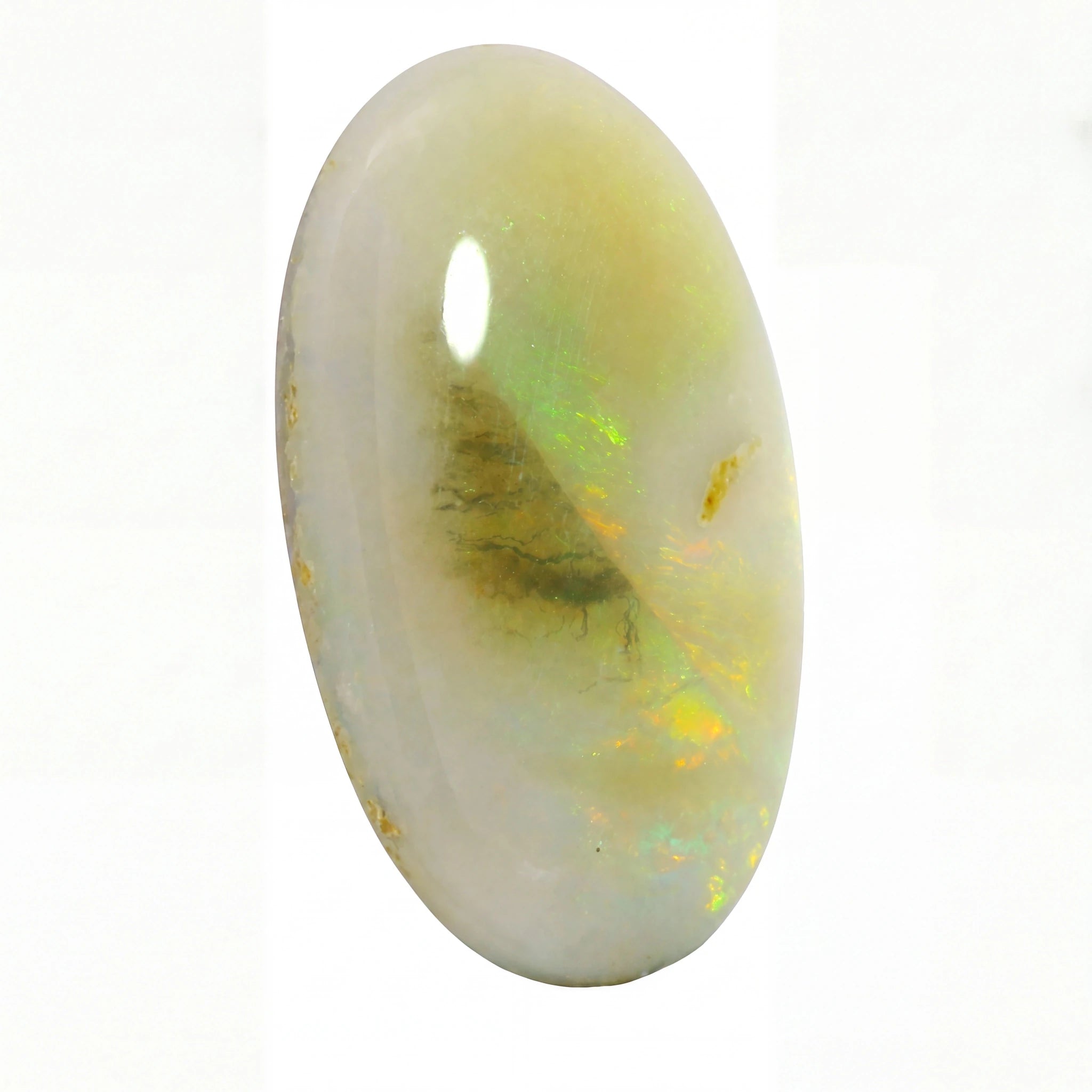 A polished oval cabochon gemstone with a milky white base and vibrant iridescent flashes of green, yellow, and orange, set against a plain white background.
