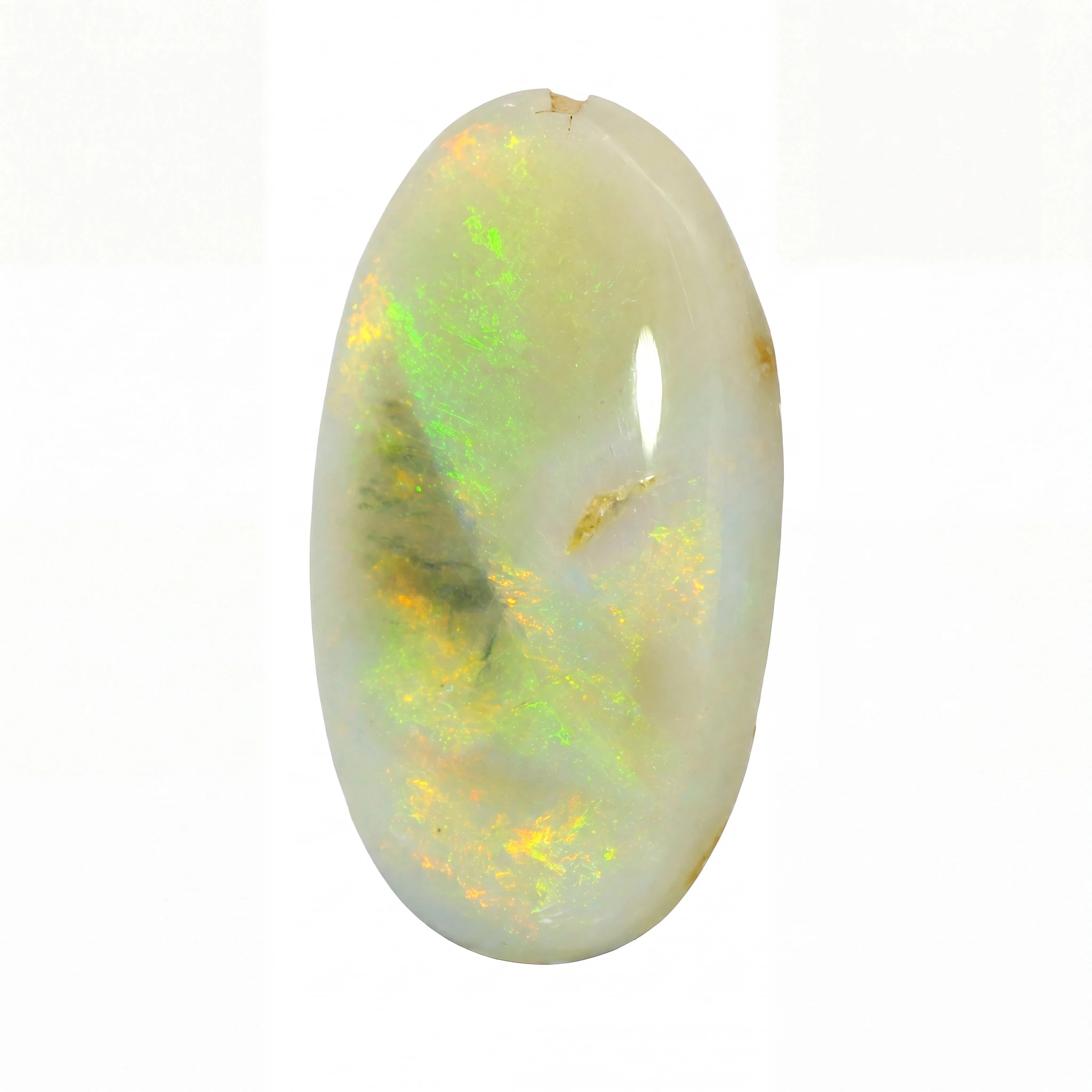 A polished oval cabochon gemstone with a white base and vibrant iridescent flashes of green, yellow, and orange, set against a plain white background.