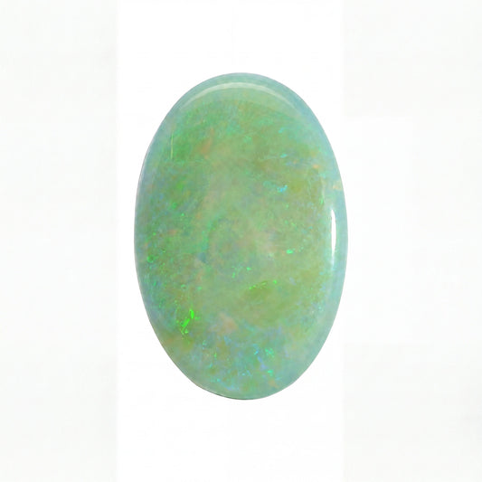A polished oval cabochon gemstone with a light blue-green base and iridescent flashes of green and orange, set against a plain white background.