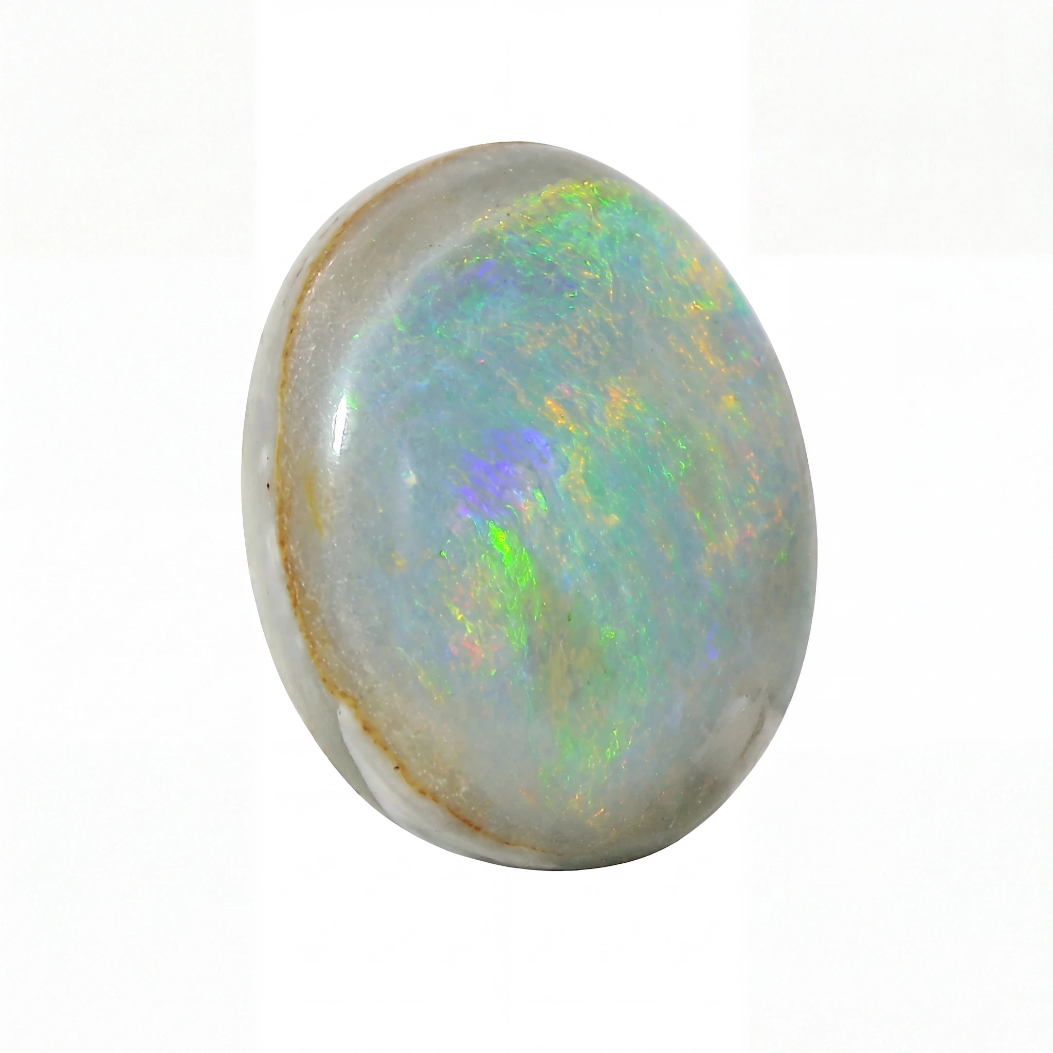 A polished oval cabochon opal gemstone displaying a play-of-colour with green, blue, purple, and orange flashes on a white background.