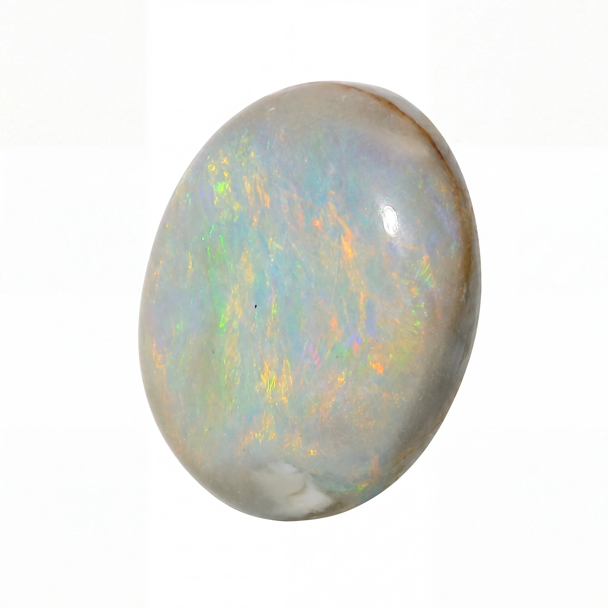 A polished oval cabochon gemstone showing a play-of-colour iridescent surface with blue, green, orange, and white flashes on a light grey base, isolated on a white background.