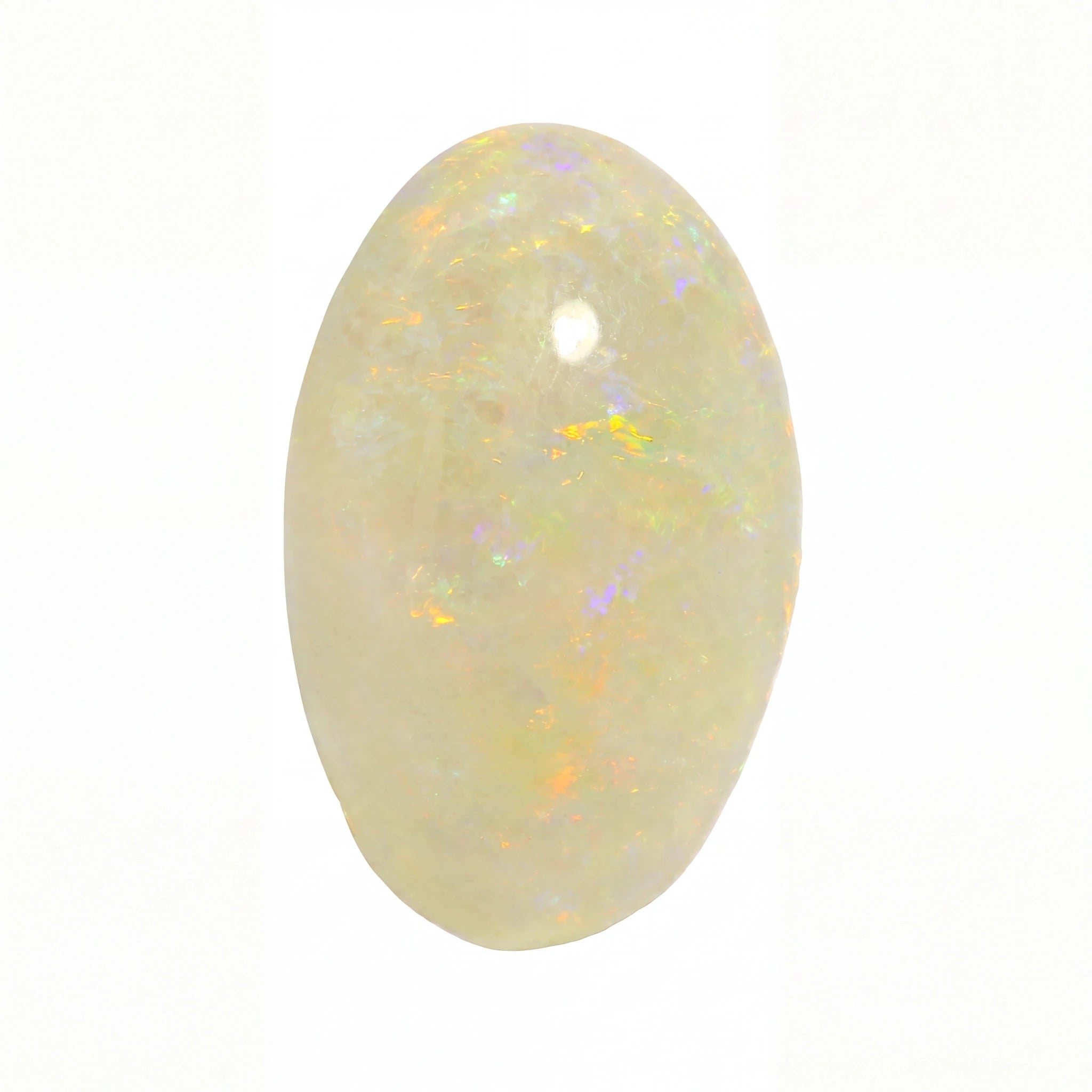 A polished oval cabochon gemstone with a milky white base and iridescent flashes of yellow, orange, and blue, shown on a plain white background.