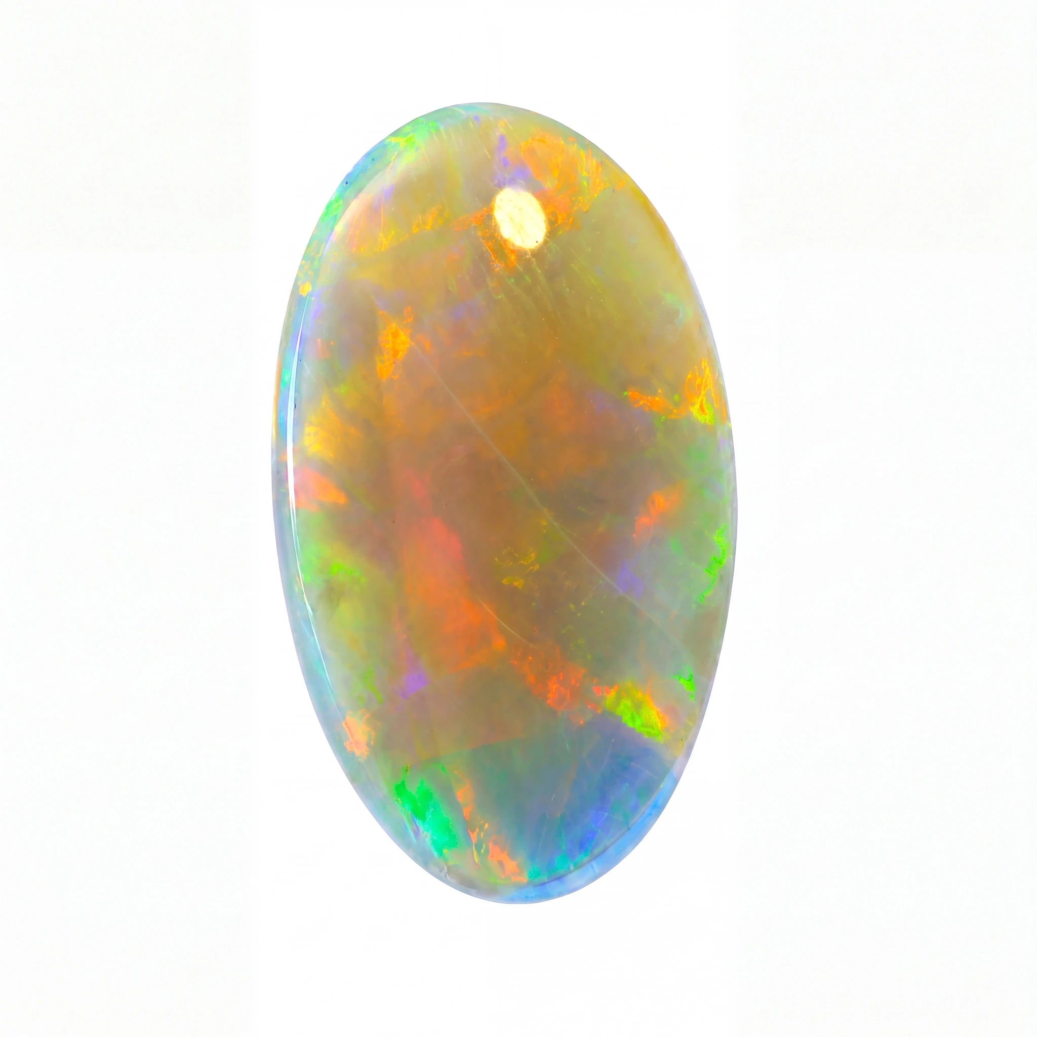 An oval cabochon-cut opal gemstone displaying a play-of-colour with vibrant flashes of orange, green, blue, and purple on a white background.