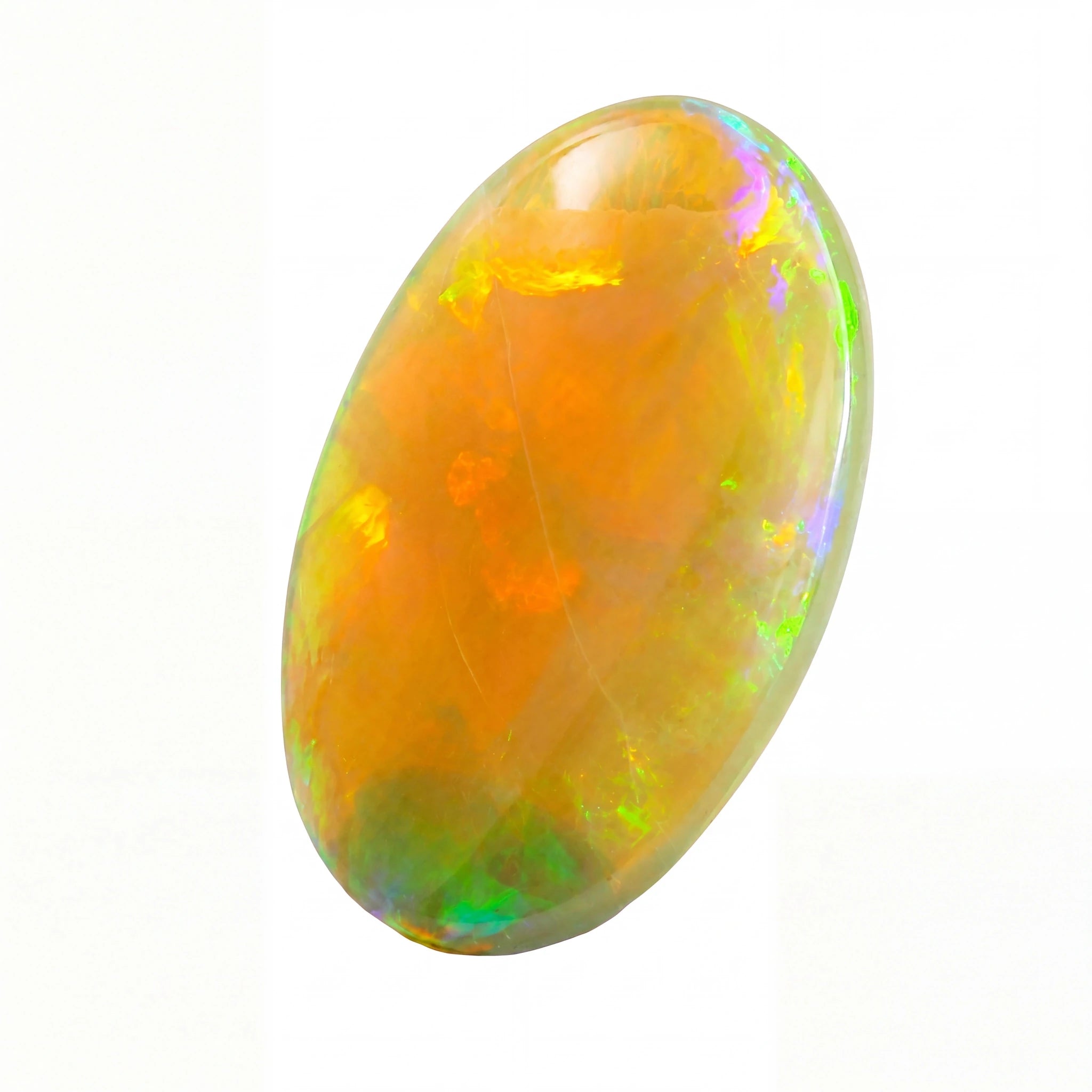 A polished oval cabochon opal gemstone displaying vibrant orange, yellow, green, and purple flashes on a clean white background.