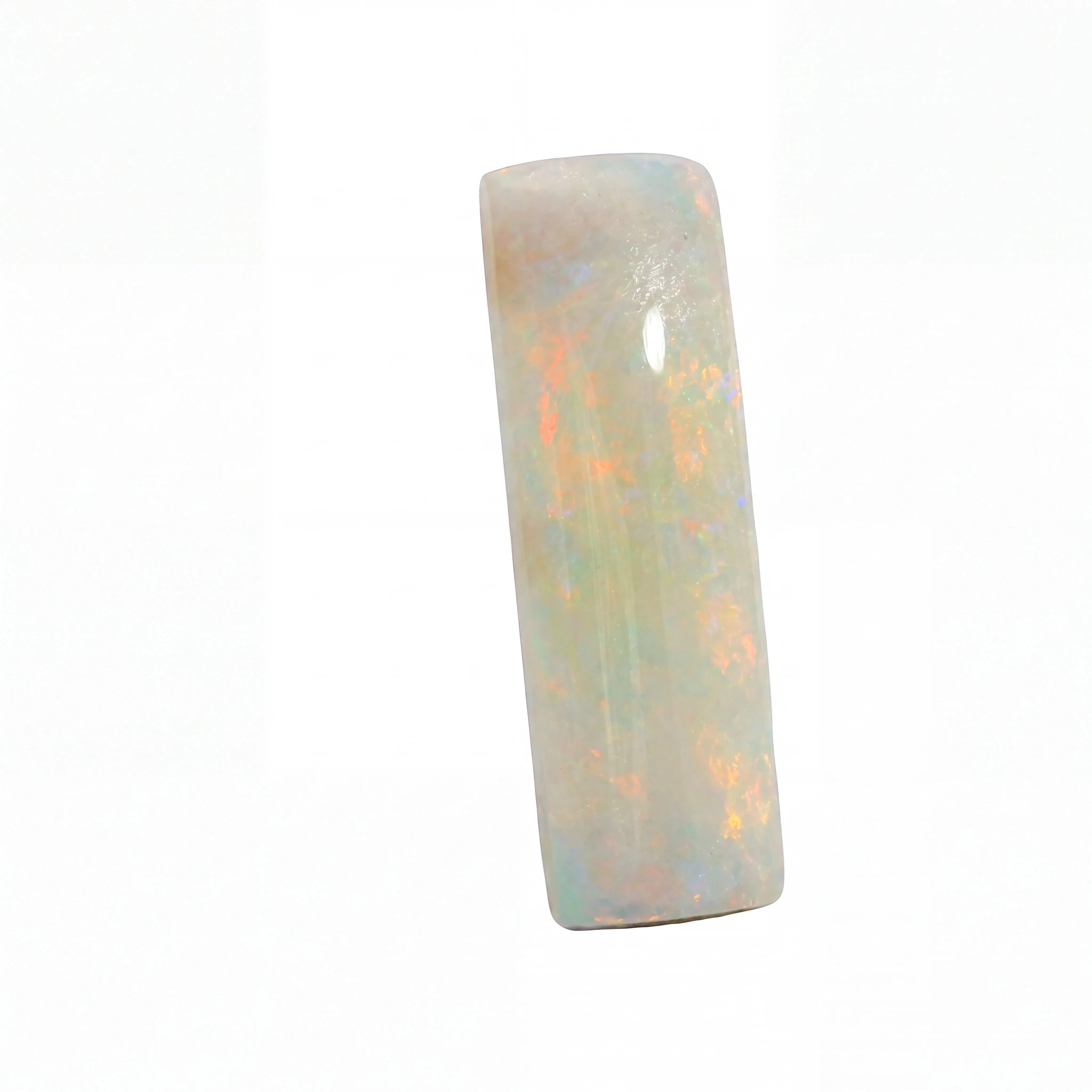 A polished rectangular cabochon gemstone with a white base and iridescent flashes of orange, blue, and green, shown on a plain white background.