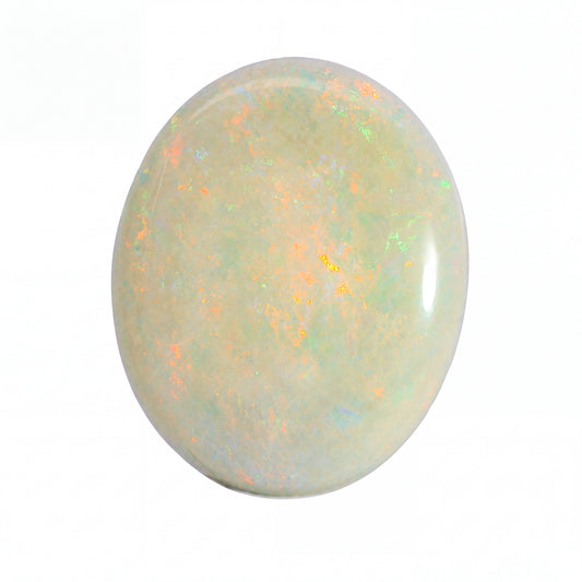 A polished oval opal gemstone with a milky white base and iridescent flashes of orange, green, and blue, shown on a plain white background.