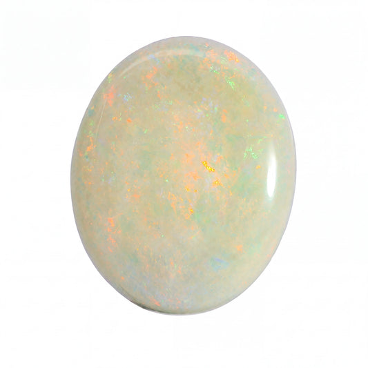 A polished oval cabochon gemstone with a milky white base and iridescent flashes of orange, green, and blue, shown on a plain white background.
