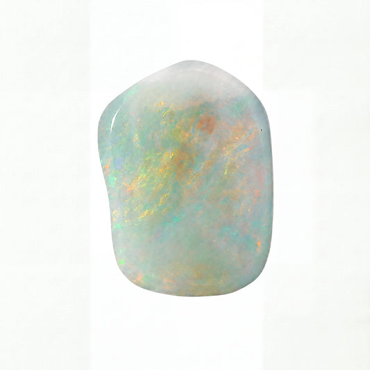 Opal stone with multicoloured play of light on a white background