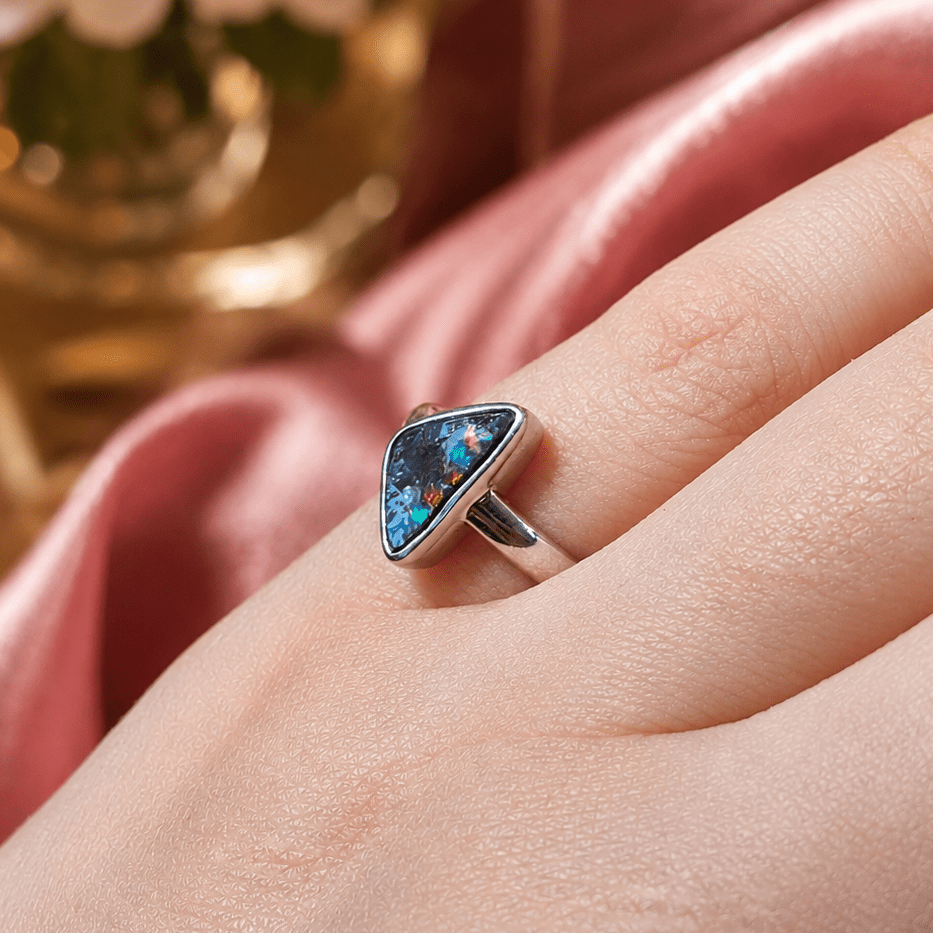 Boulder Opal Ring set in 925 Sterling Silver - Multicolour - Australian Opal Cutters and Pearl Divers