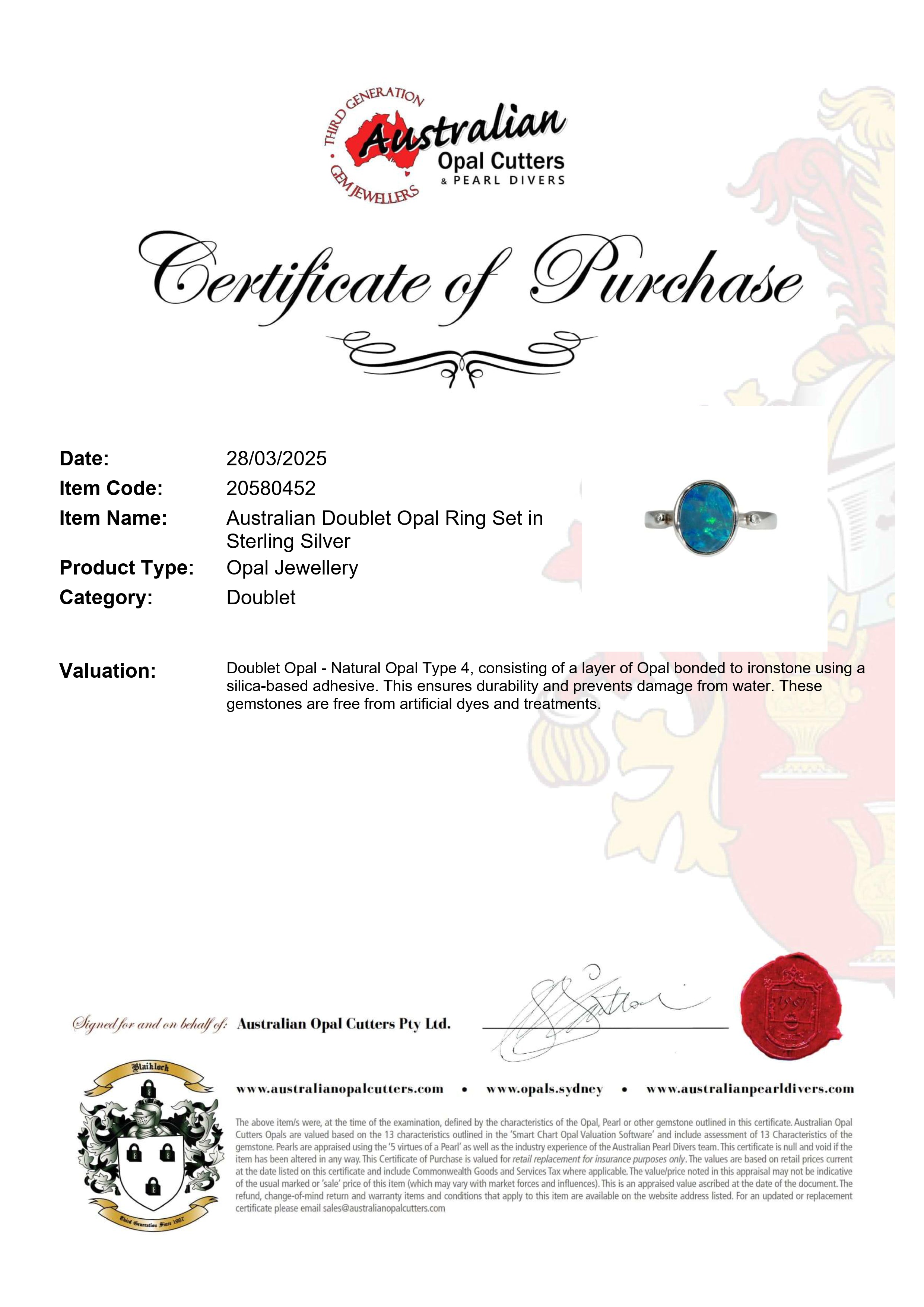 Doublet Opal Ring in 925 Sterling Silver - Green-Blue