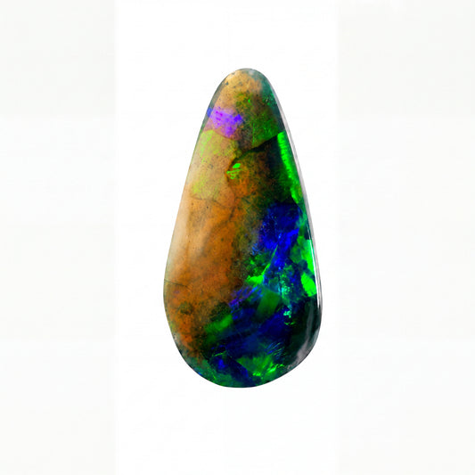 Multicoloured teardrop-shaped gemstone on a white background